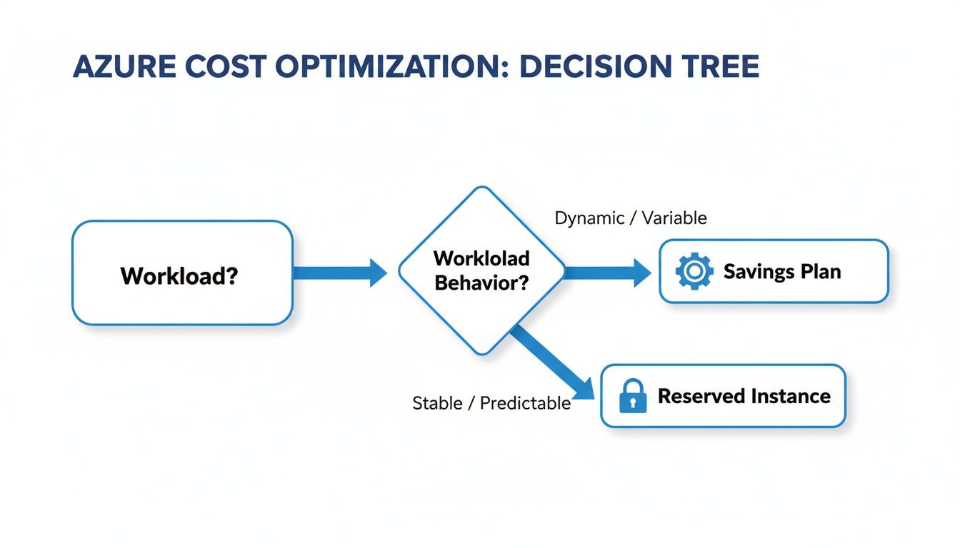 Decision tree for Azure cost optimization, guiding choices between Savings Plan and Reserved Instance based on workload behavior.