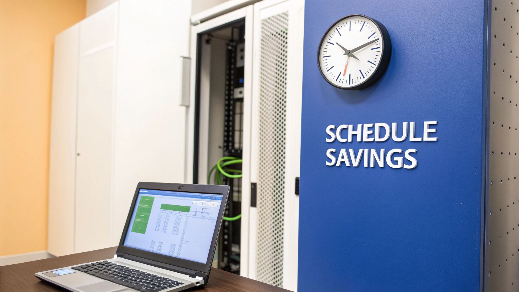 A laptop on a desk in front of a server rack and a blue panel with a clock and 'SCHEDULE SAVINGS' text.