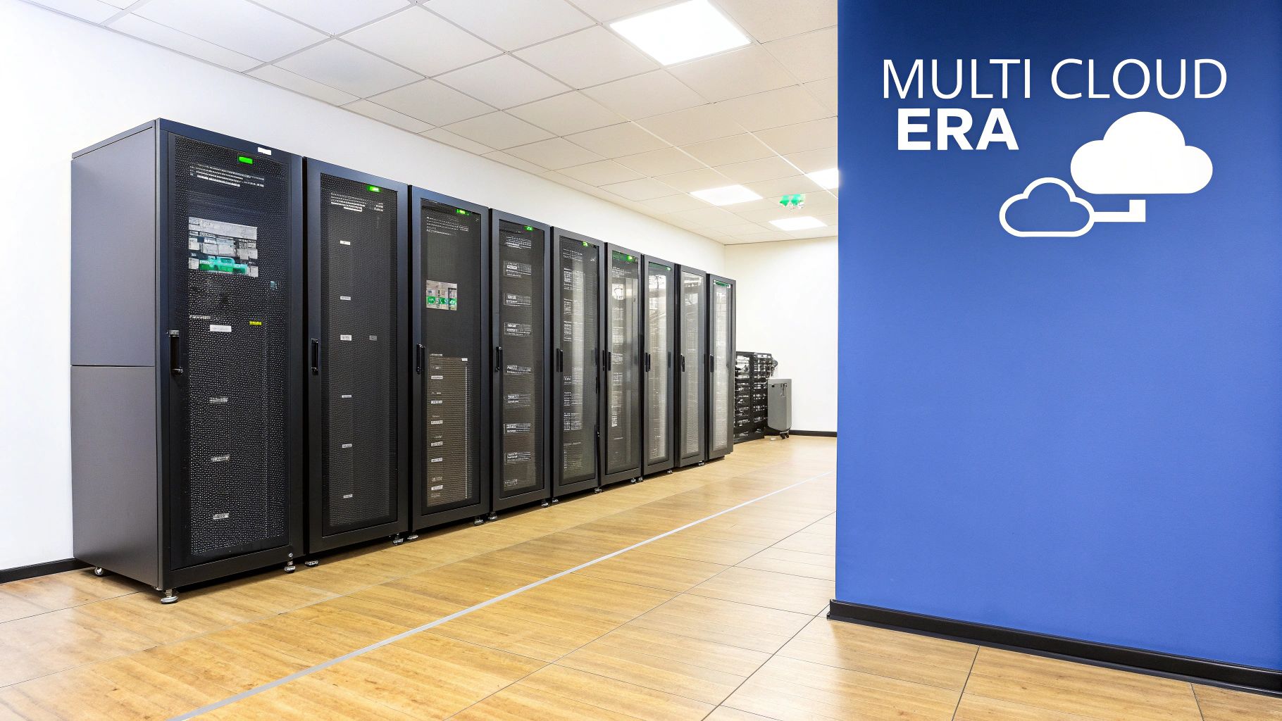 Modern data center server room with black server racks displaying multi cloud era signage