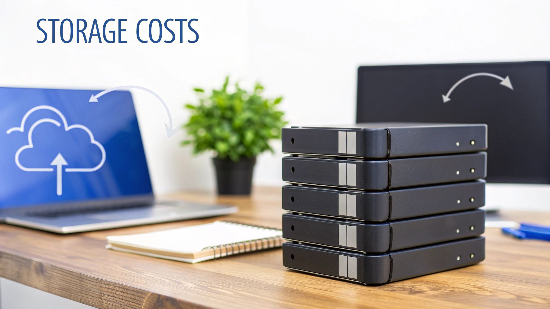 A desk with a laptop showing cloud storage, a stack of external hard drives, and arrows indicating data transfer, illustrating storage costs.