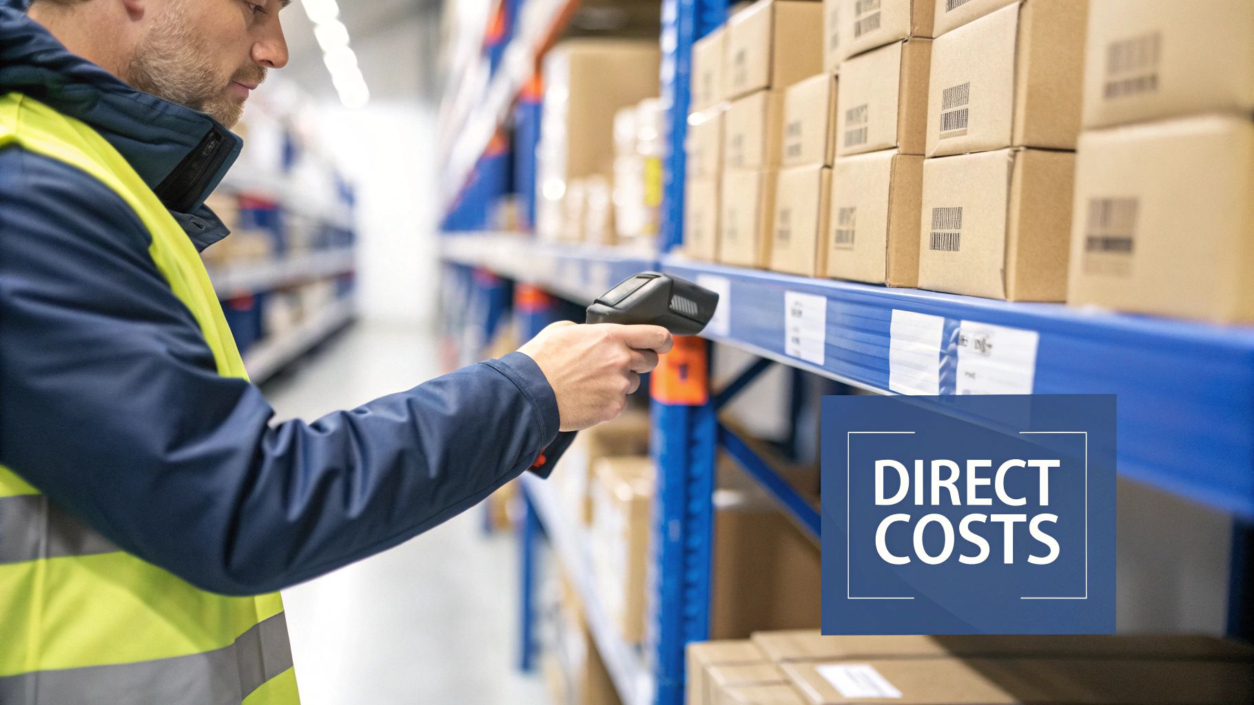 A worker in a warehouse scans barcodes on brown boxes on shelves with a handheld scanner, showing direct costs.