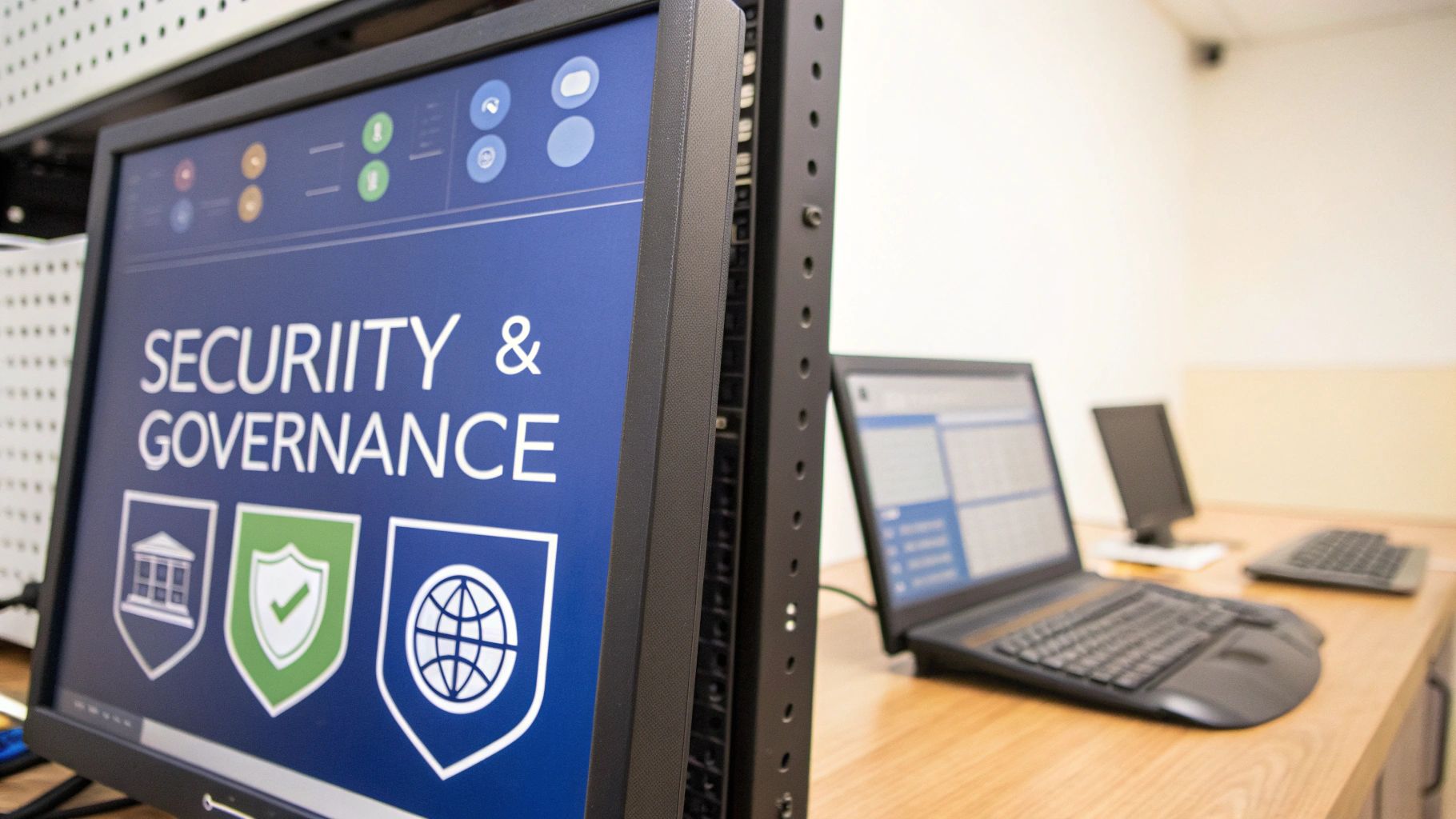 A computer monitor displays 'Security & Governance' with shield icons, next to laptops on a desk.