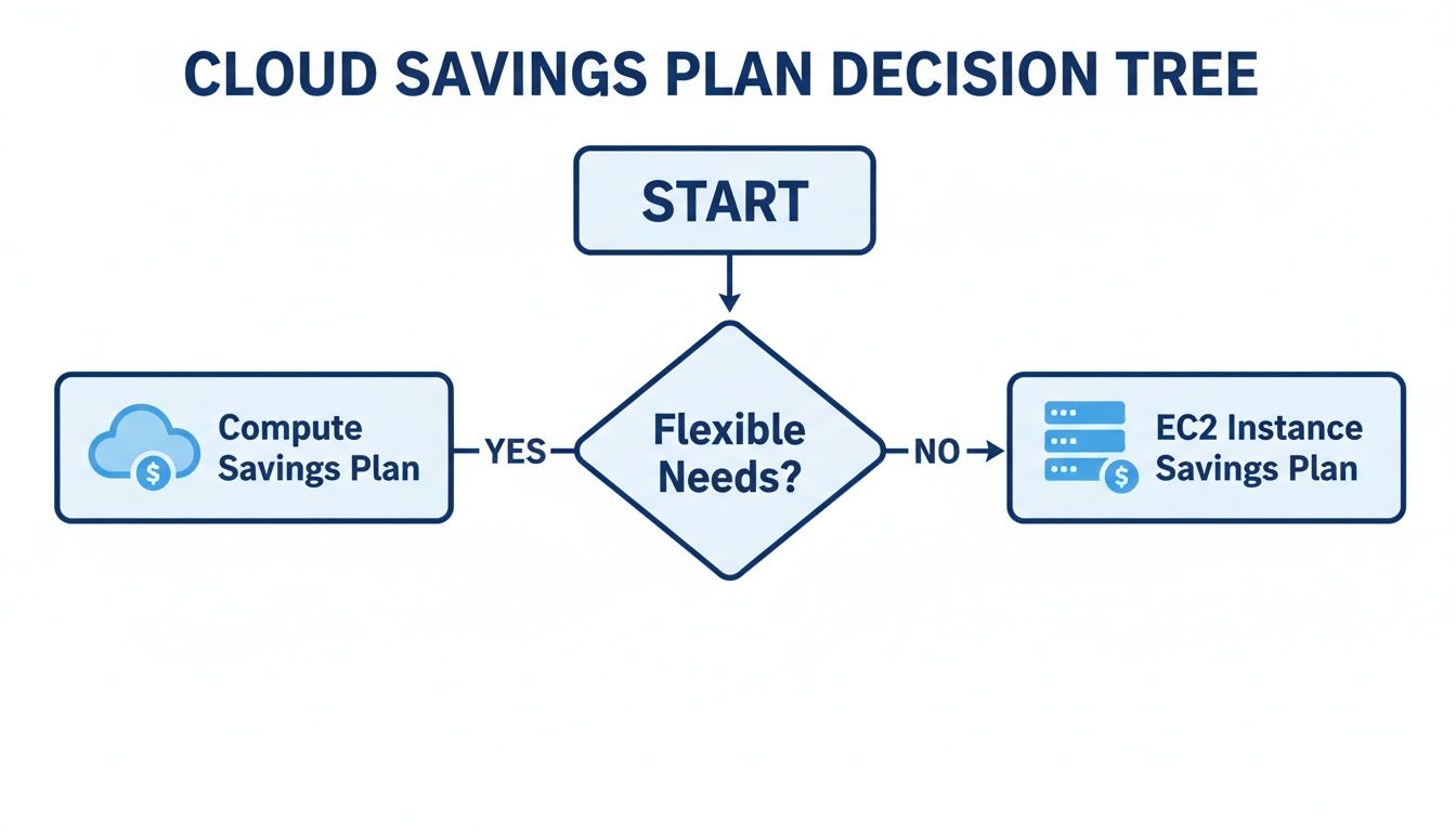 A decision tree diagram illustrating choices between Compute and EC2 Instance Cloud Savings Plans based on flexibility.