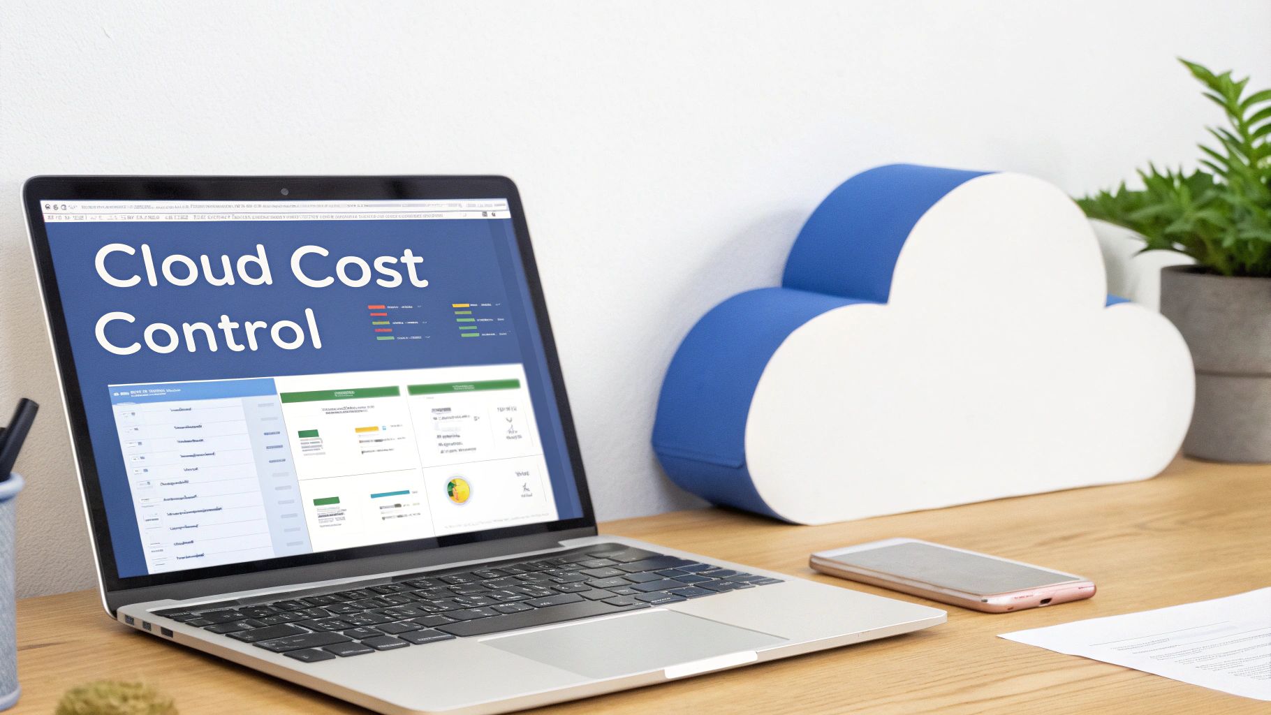 A laptop displaying 'Cloud Cost Control' software, a cloud decoration, and a smartphone on a wooden desk.