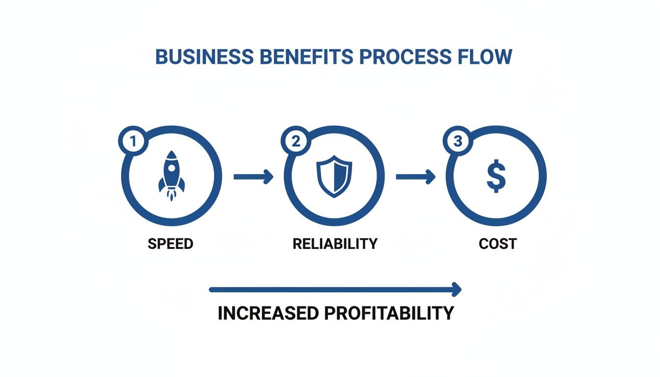 A business benefits process flow showing speed, reliability, and cost leading to increased profitability.