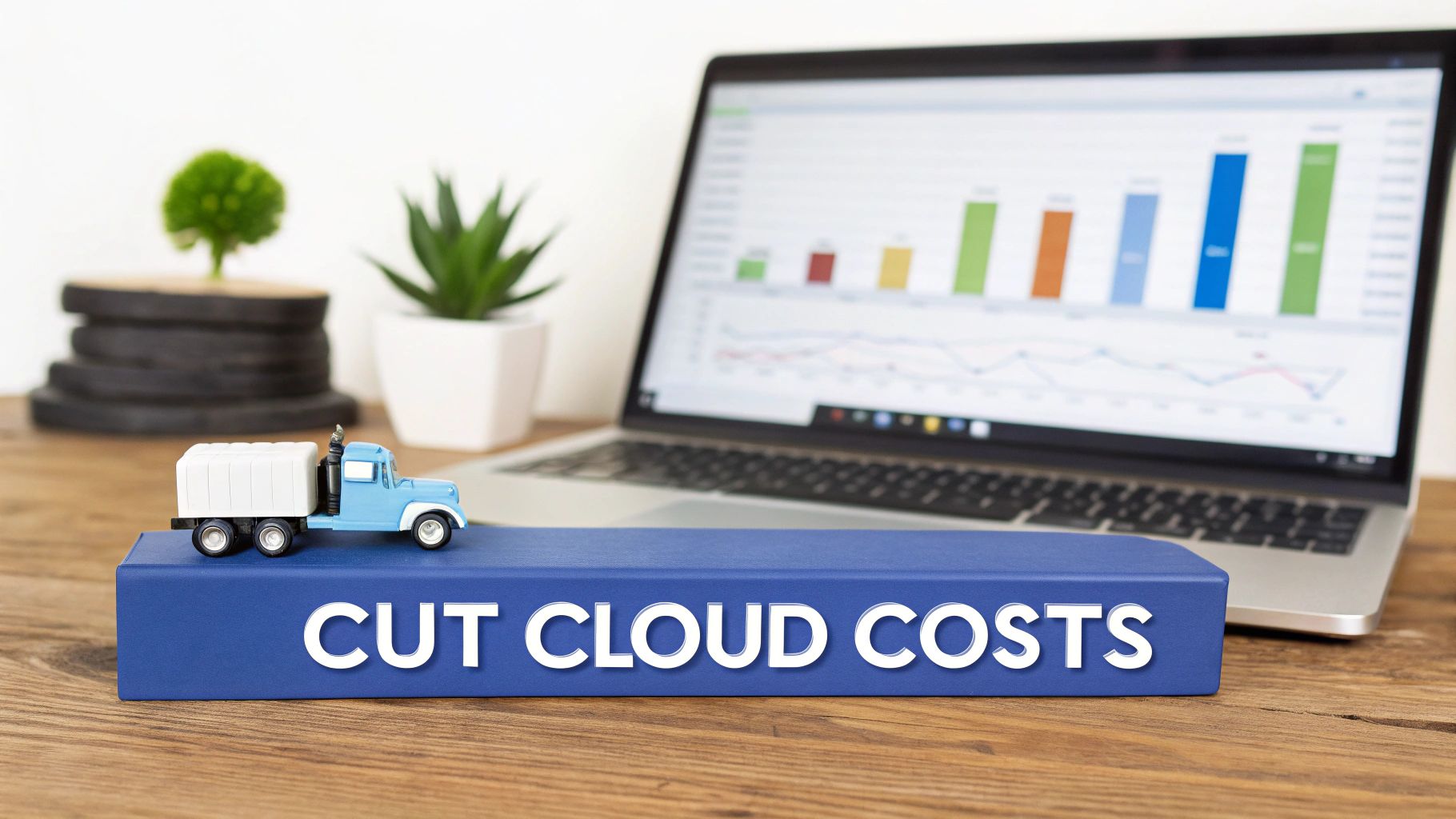 A toy truck on a blue box with 'CUT CLOUD COSTS' text, laptop showing graphs, and plants.