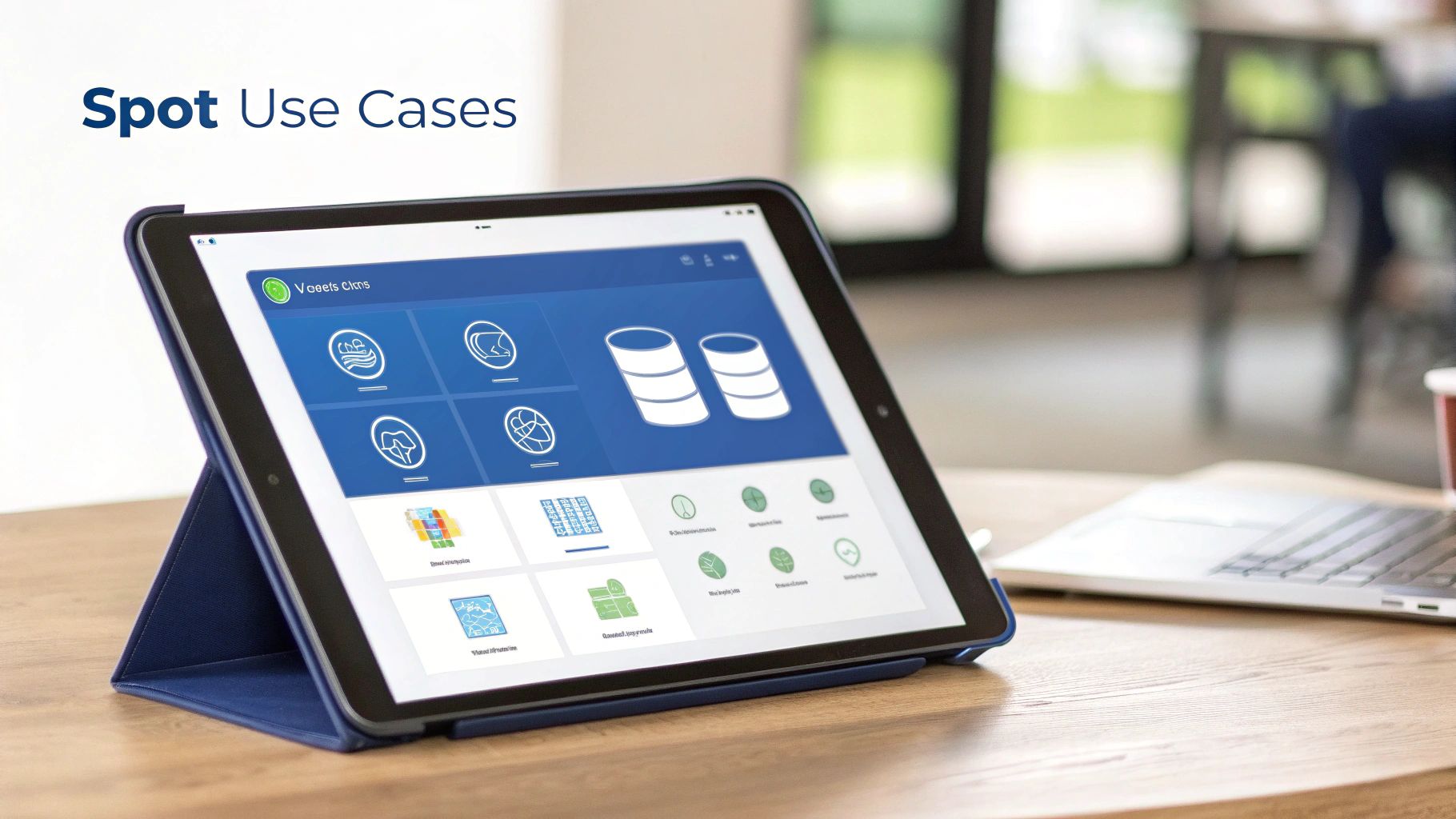A tablet displaying application use cases on a blue interface, sitting on a wooden desk next to a laptop.