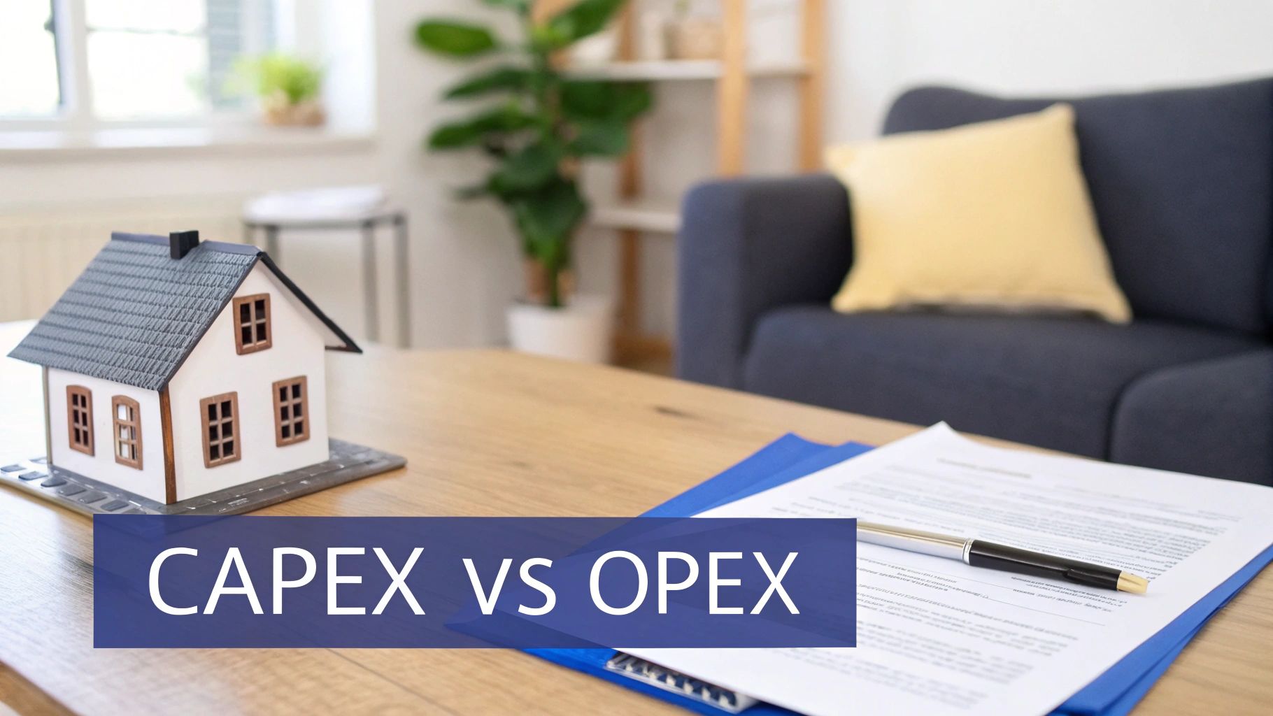 Miniature house model, document, and pen on a table with 'CAPEX VS OPEX' text, symbolizing real estate finance.