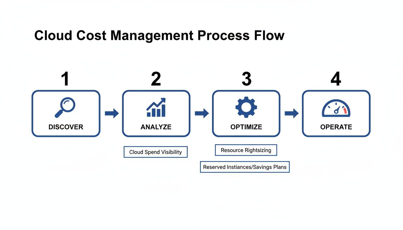 A diagram illustrating the Cloud Cost Management Process Flow with four steps: Discover, Analyze, Optimize, and Operate.