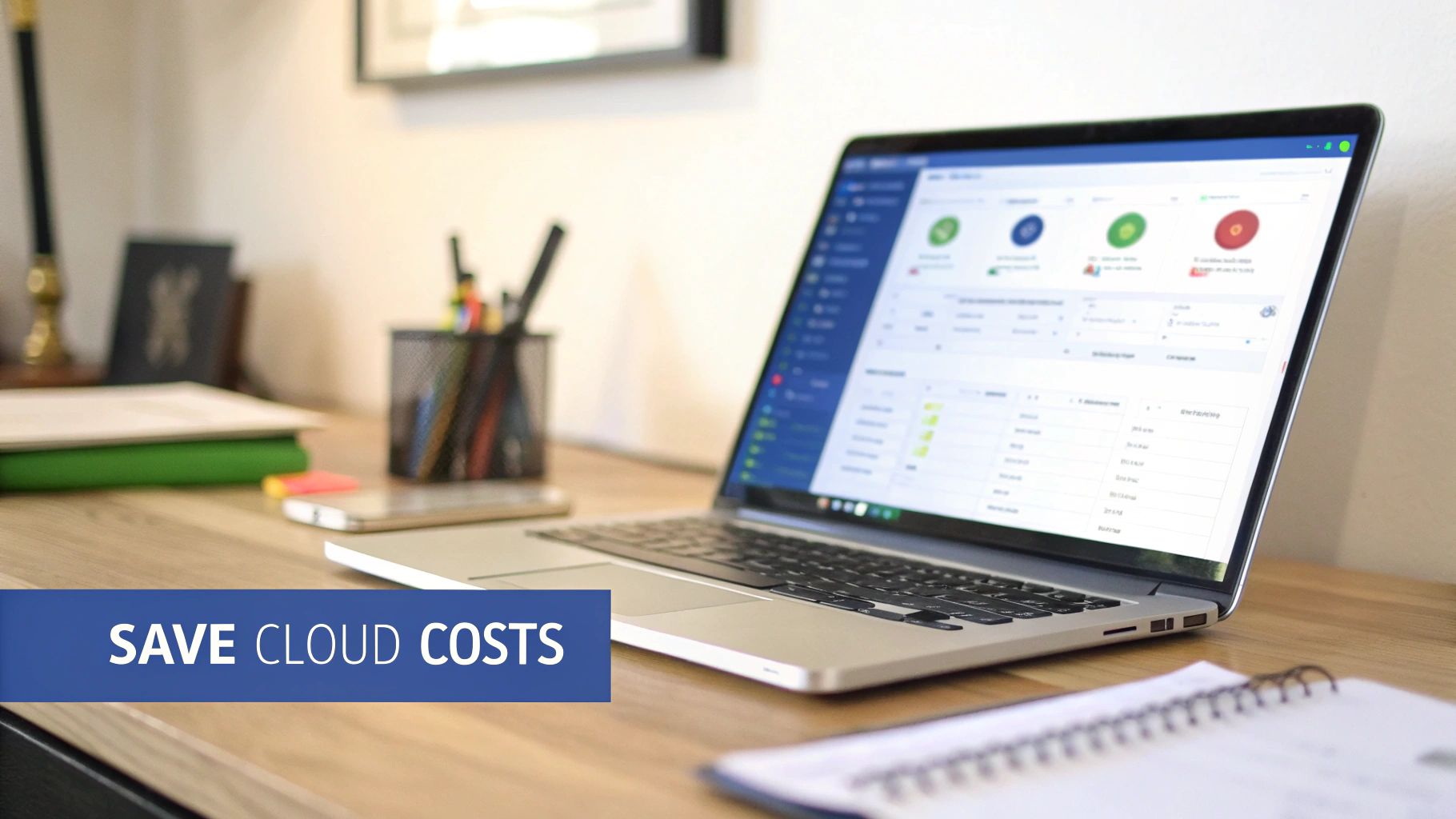 A laptop screen displaying cloud cost management software on a wooden office desk.