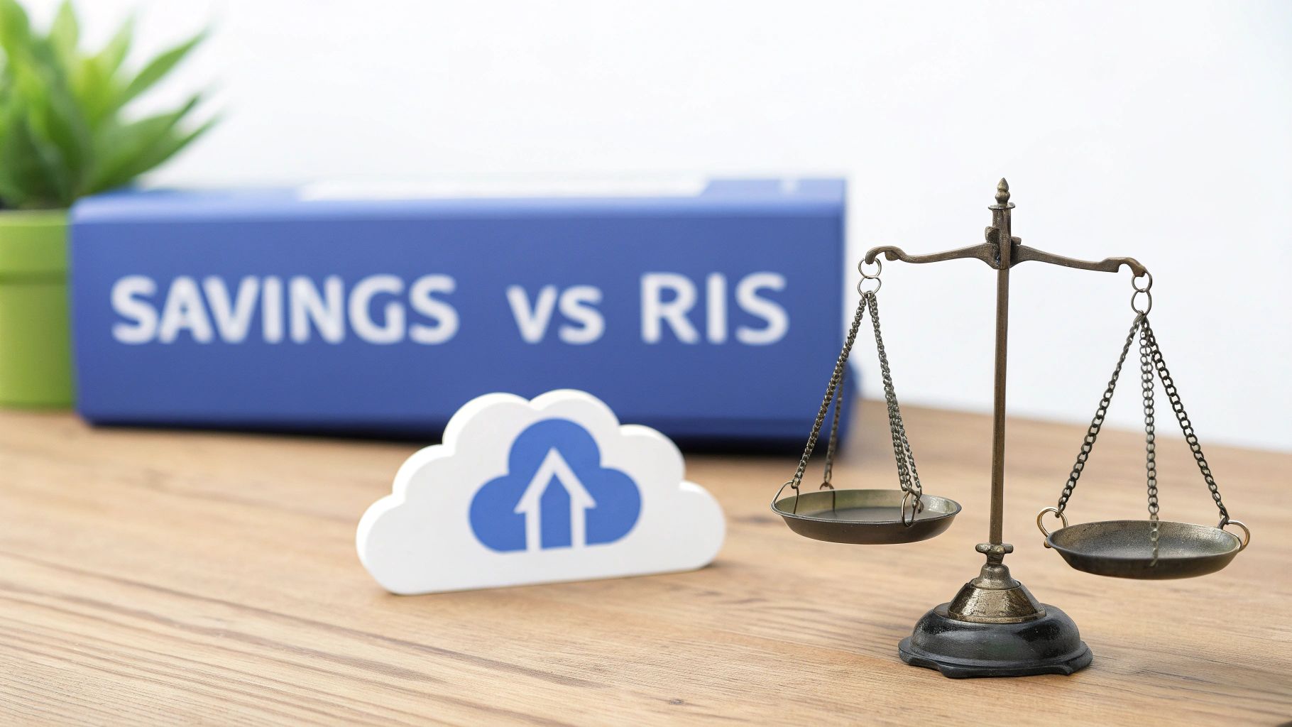 A blue box with 'SAVINGS vs RIS', a cloud with an arrow, and a balanced scale.
