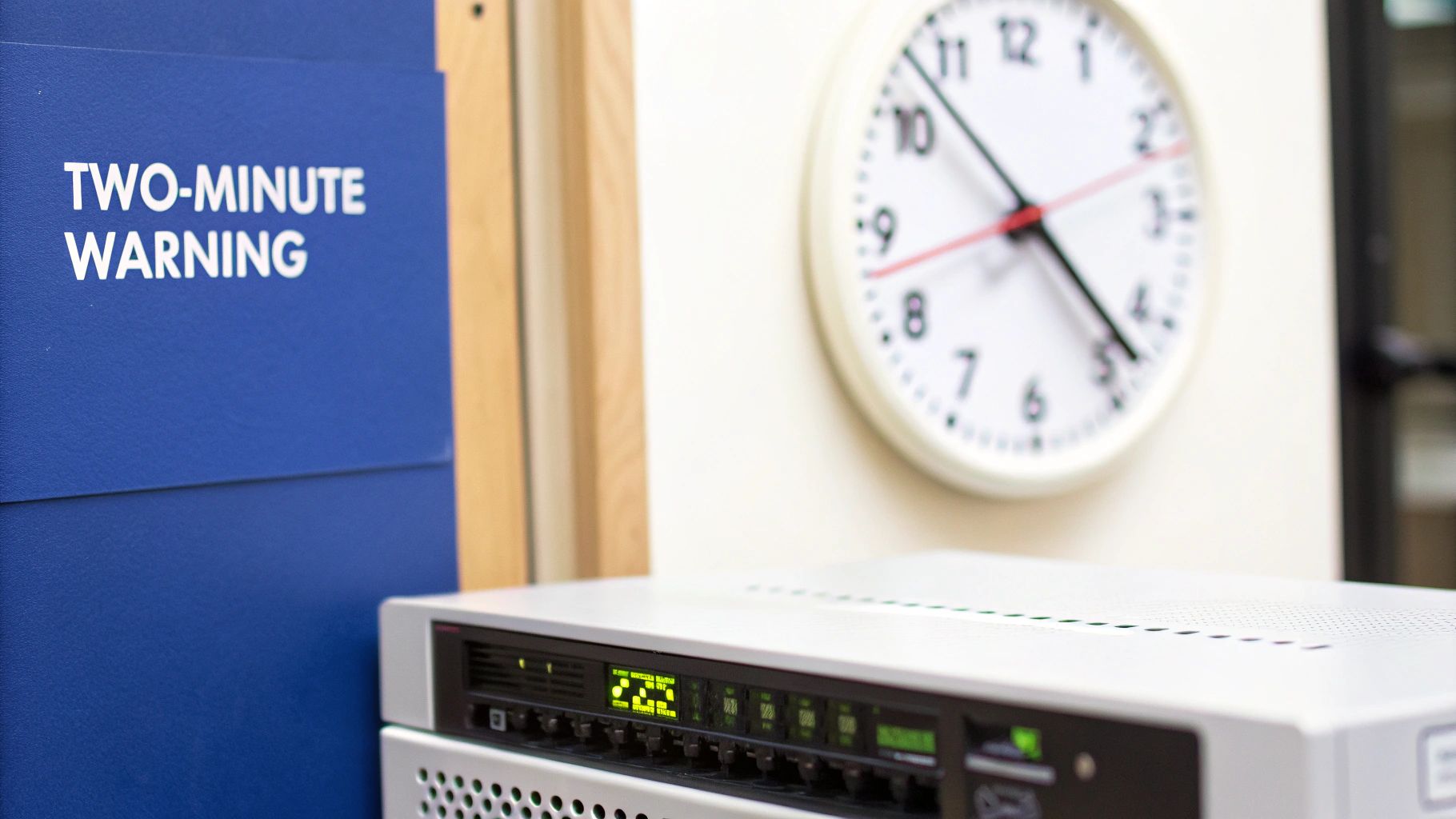 A blue sign reads 'TWO-MINUTE WARNING' next to a wall clock and electronic device.