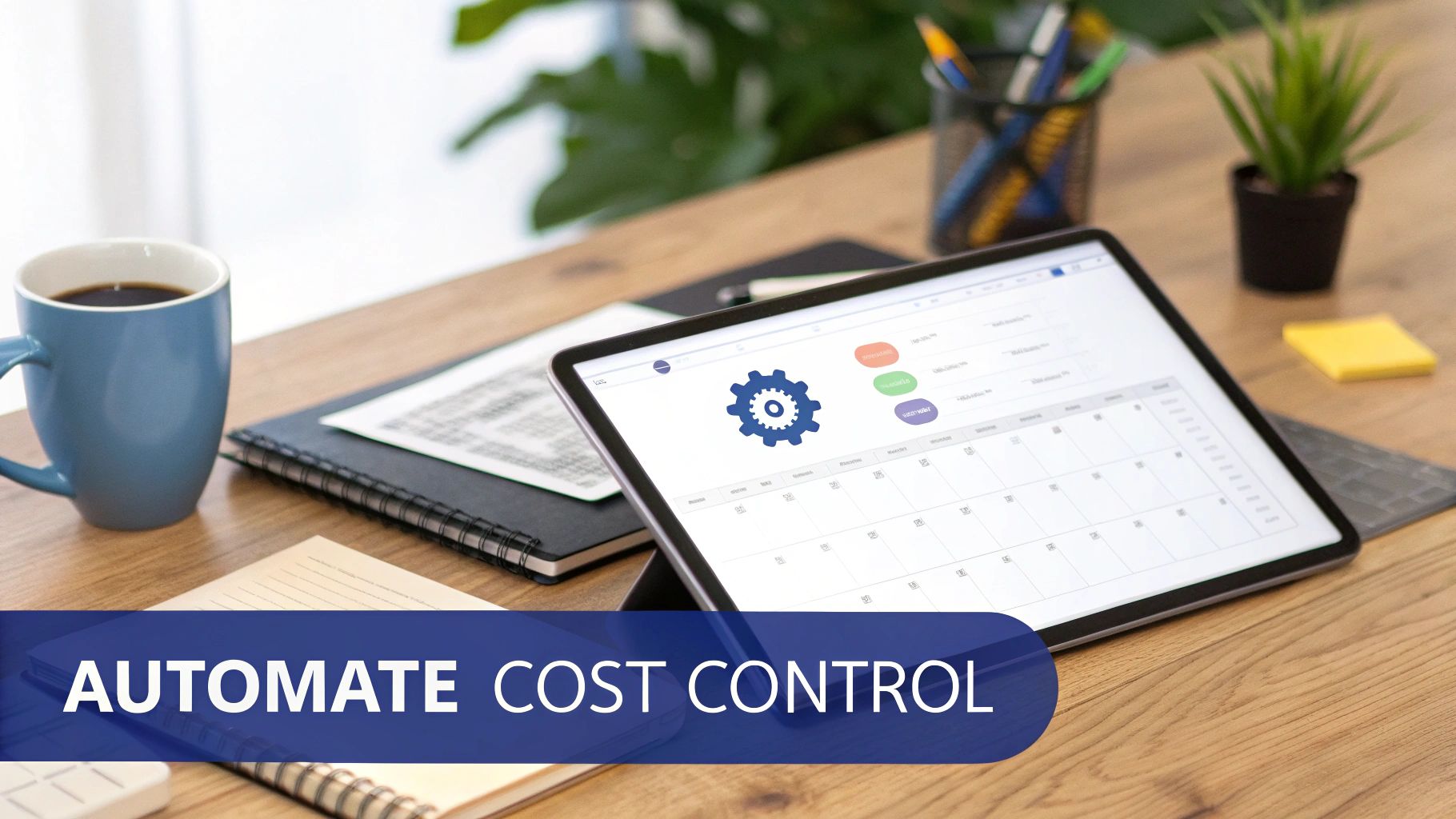 A tablet on a wooden desk displays a scheduling app with text 'AUTOMATE COST CONTROL'.