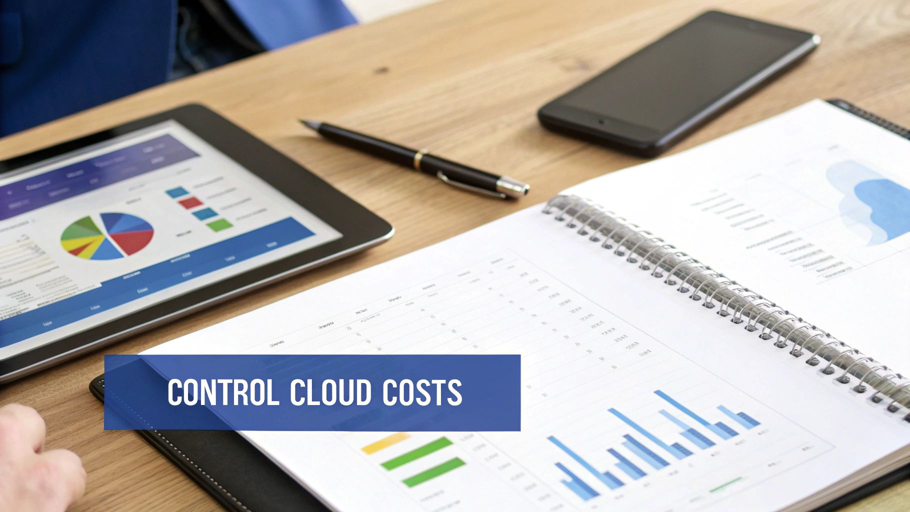 A person's hand on a desk with a tablet displaying data charts and a notebook with financial graphs, stating 'CONTROL CLOUD COSTS'.