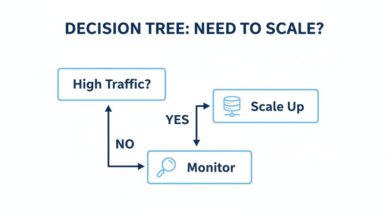 Decision tree flowchart illustrating when to scale up based on high traffic, or to monitor.