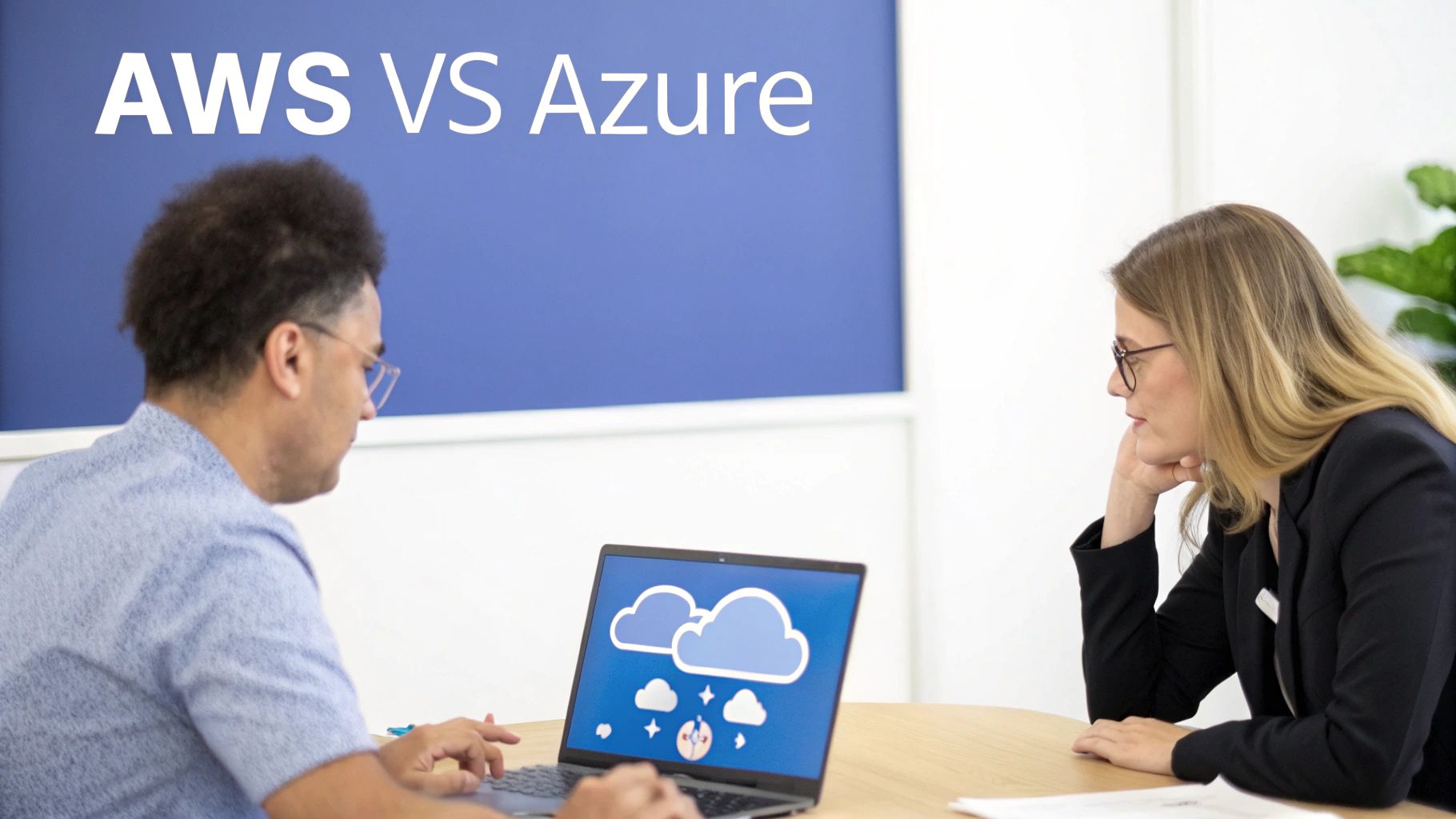 Two professionals discuss cloud computing, with a laptop displaying cloud icons and 'AWS VS Azure' on the wall.