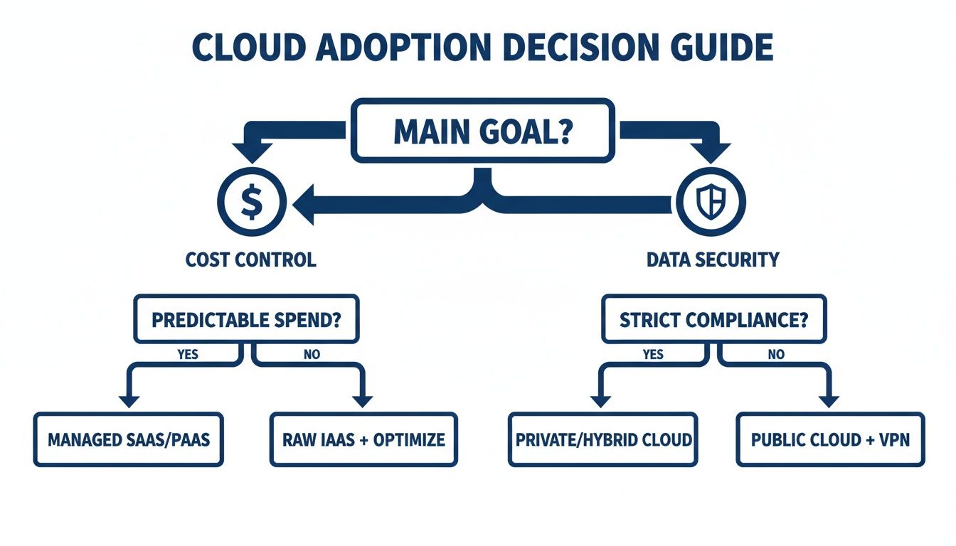 Cloud adoption decision guide flowchart with paths for cost control and data security decisions.