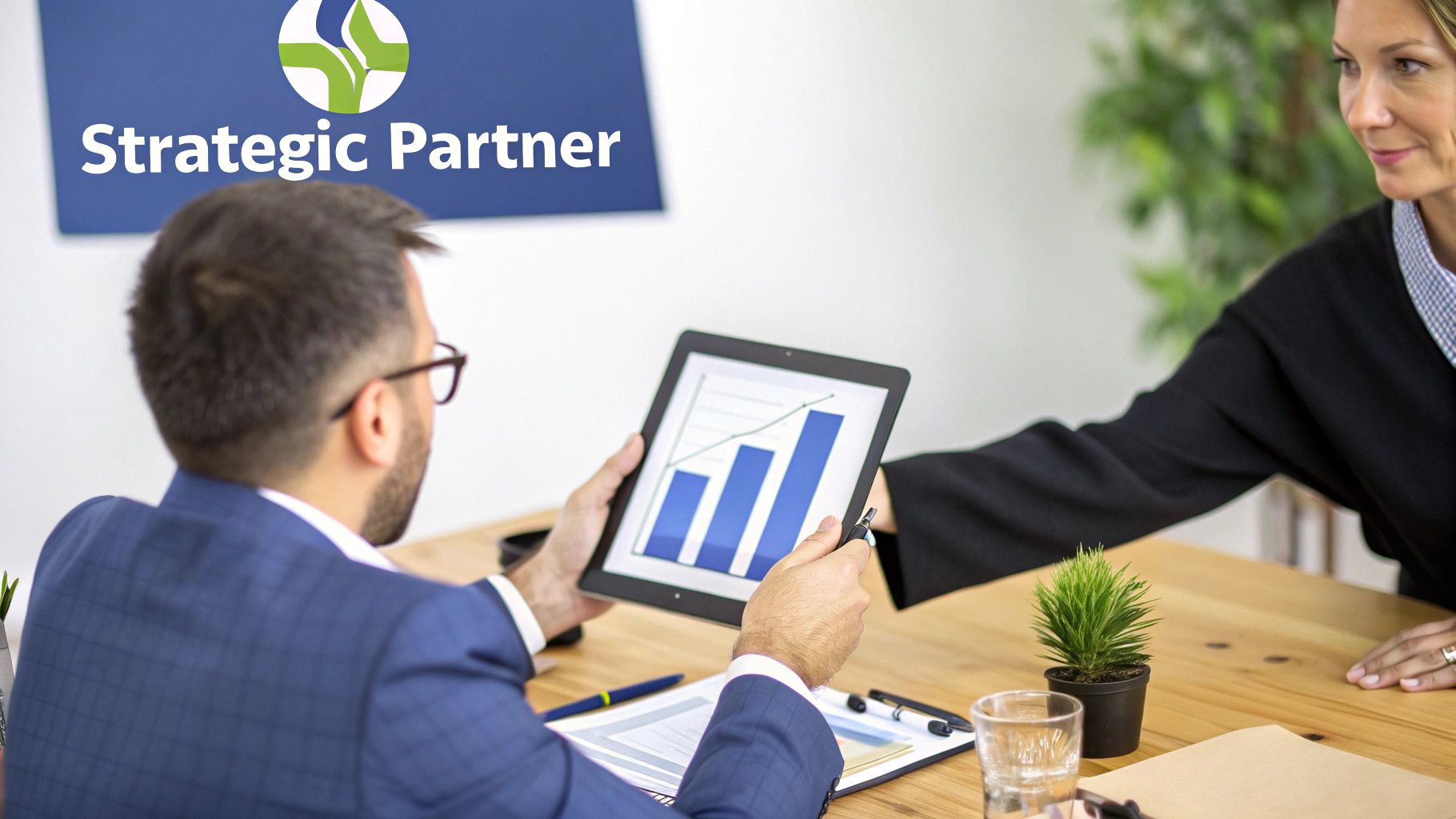 A group of professionals in a meeting looking at a chart showing upward growth, symbolizing strategic value.