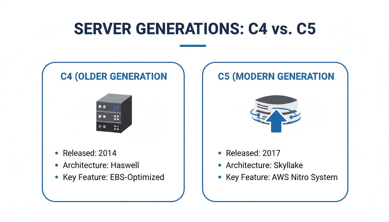 A comparison chart detailing C4 and C5 server generations, including release dates, architectures, and key features.