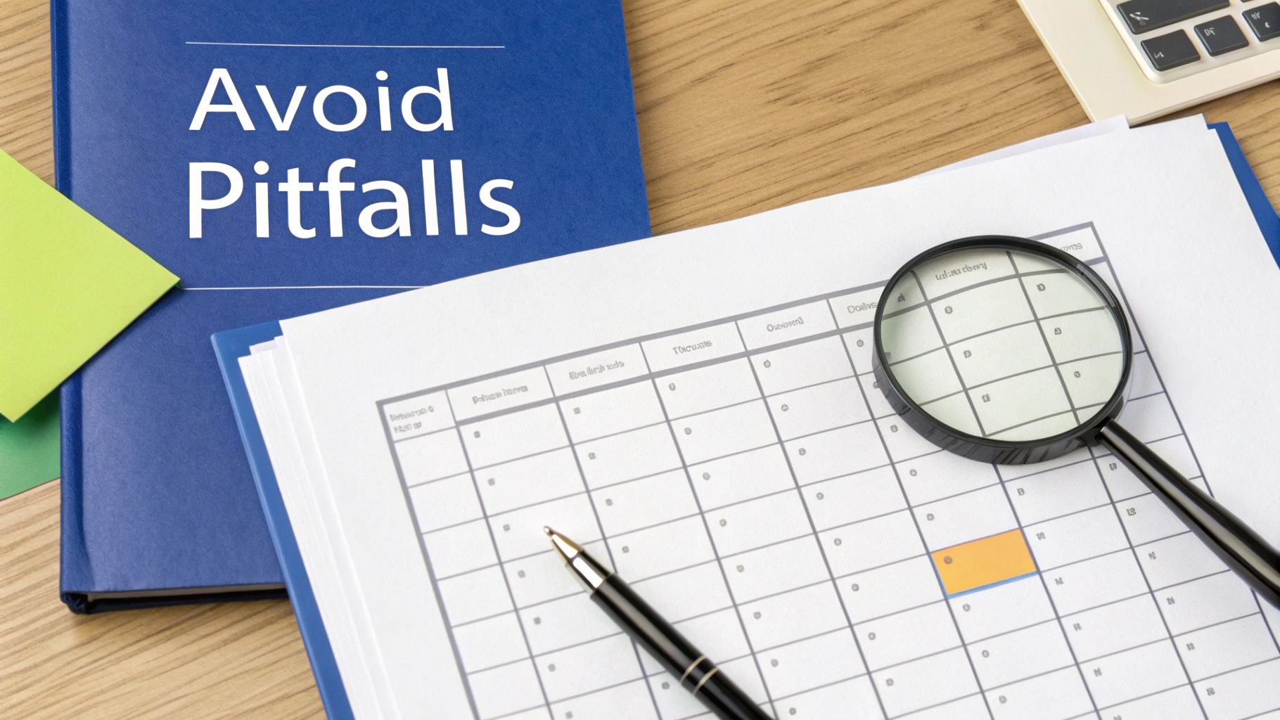 Avoid pitfalls book with spreadsheet, magnifying glass, and pen on wooden desk workspace