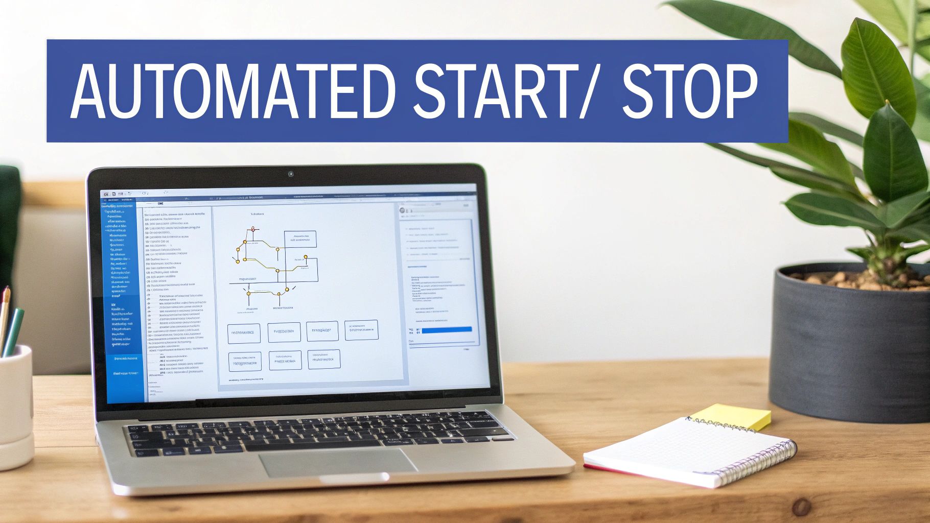 A laptop on a wooden desk displays a diagram, with a banner text 'AUTOMATED START/ STOP'.