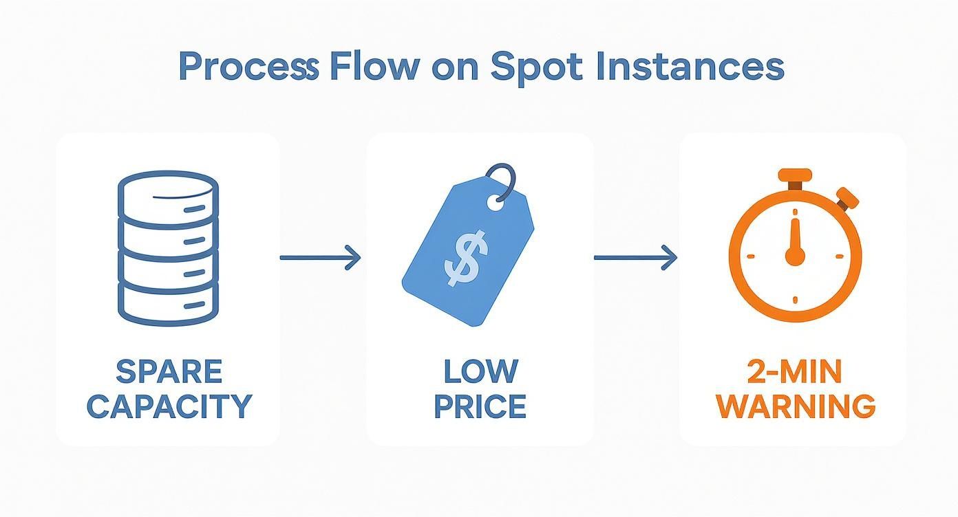 Diagram illustrating the process flow of EC2 Spot Instances: spare capacity, low price, and a 2-minute warning.