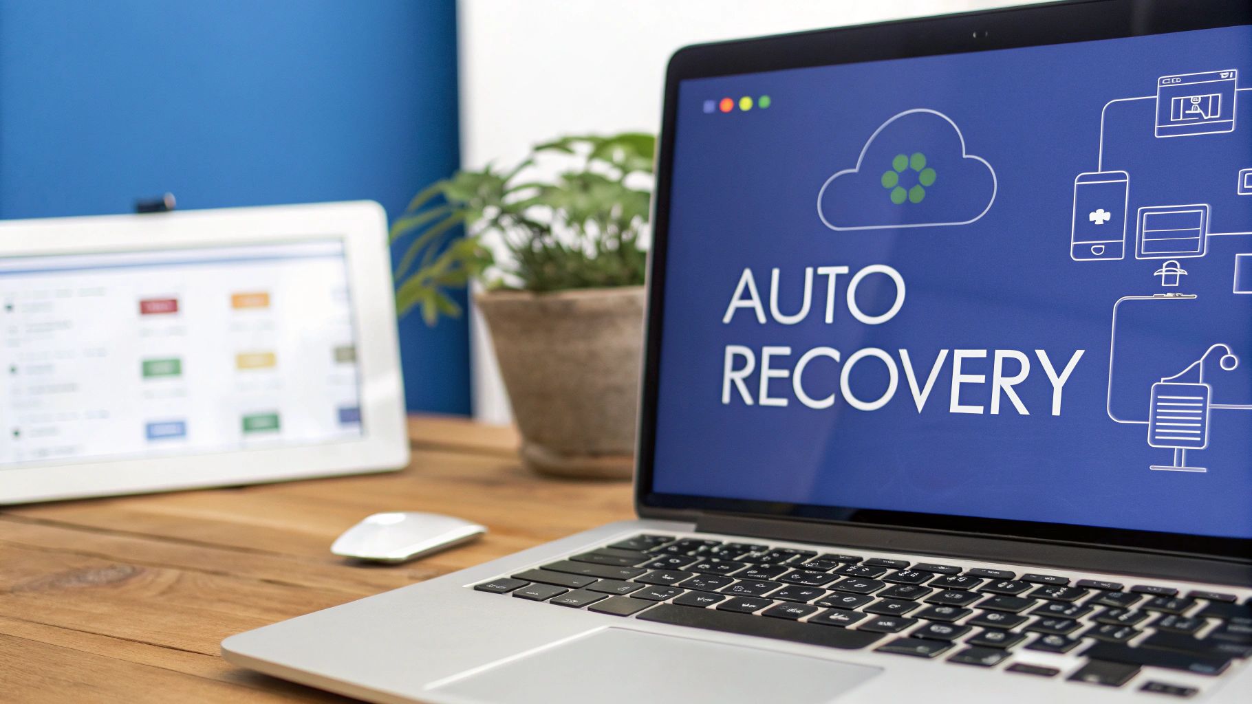 Laptop screen displaying 'AUTO RECOVERY' and cloud data network, with a tablet and mouse on a wooden desk.