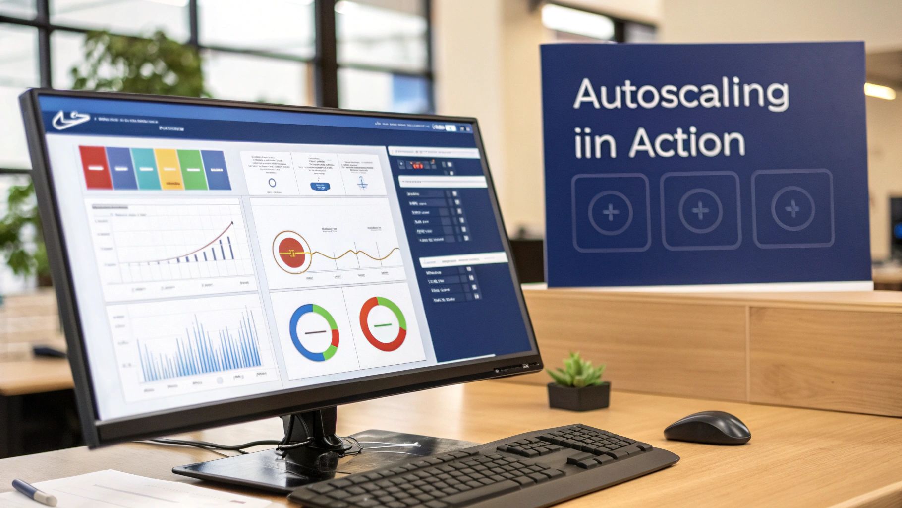 Computer monitor showing a data dashboard with charts, graphs, and a sign 'Autoscaling in Action'.