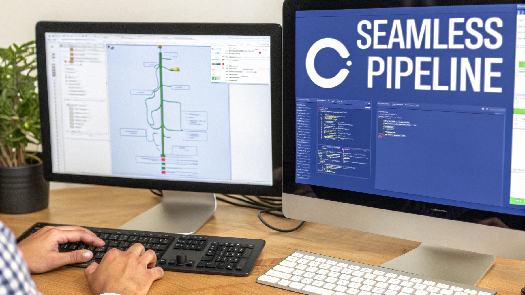 A person working on a dual monitor setup, displaying a 'Seamless Pipeline' and a workflow diagram.