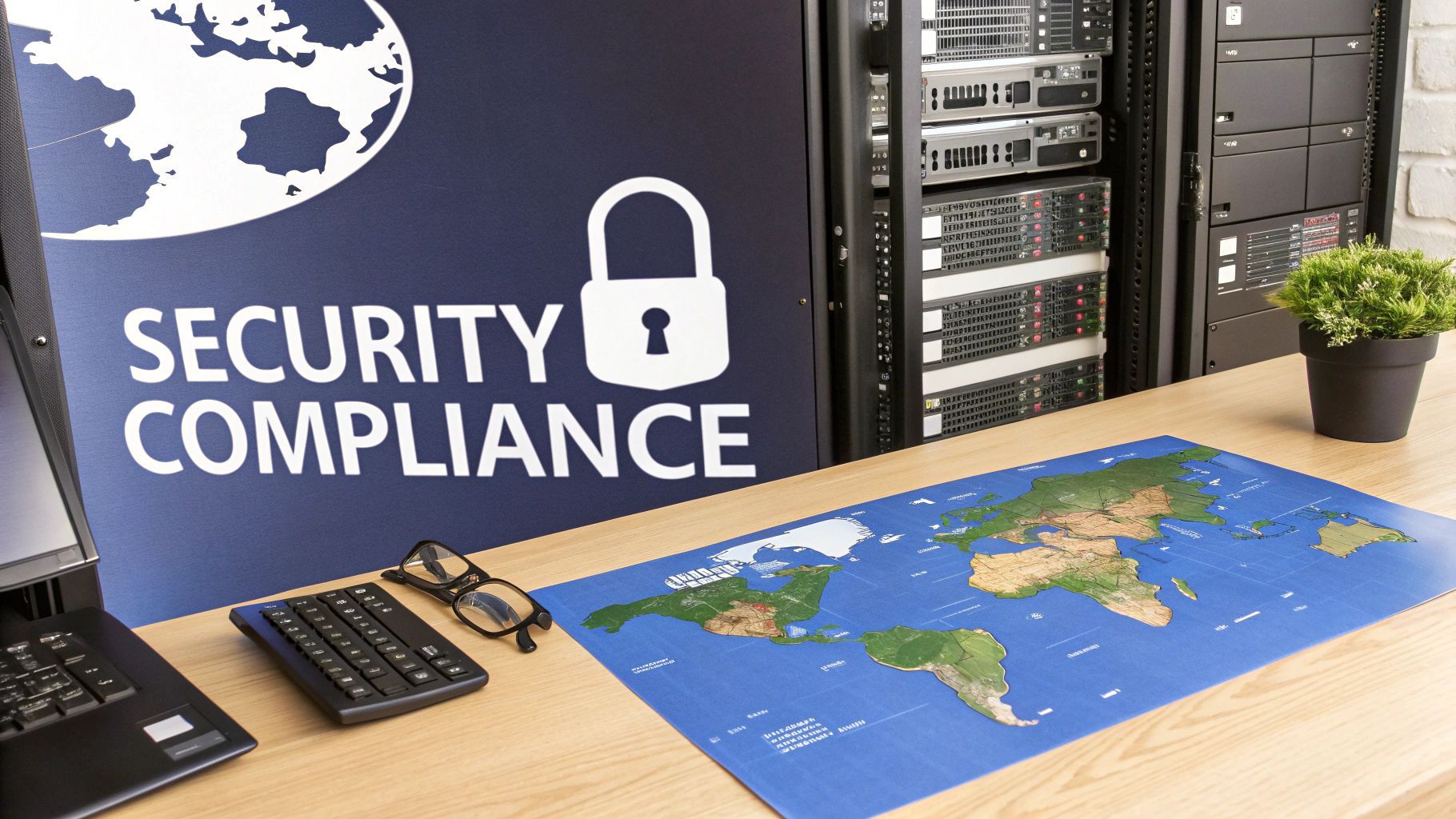 A data center with servers, a 'Security Compliance' banner, a laptop, world map, and glasses.