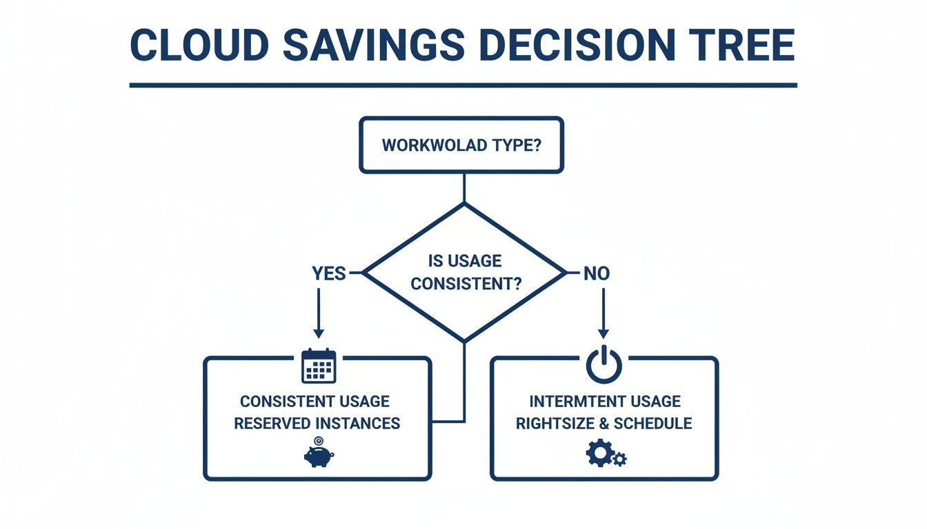 Decision tree flowchart for cloud savings, guiding users based on workload type and usage consistency.