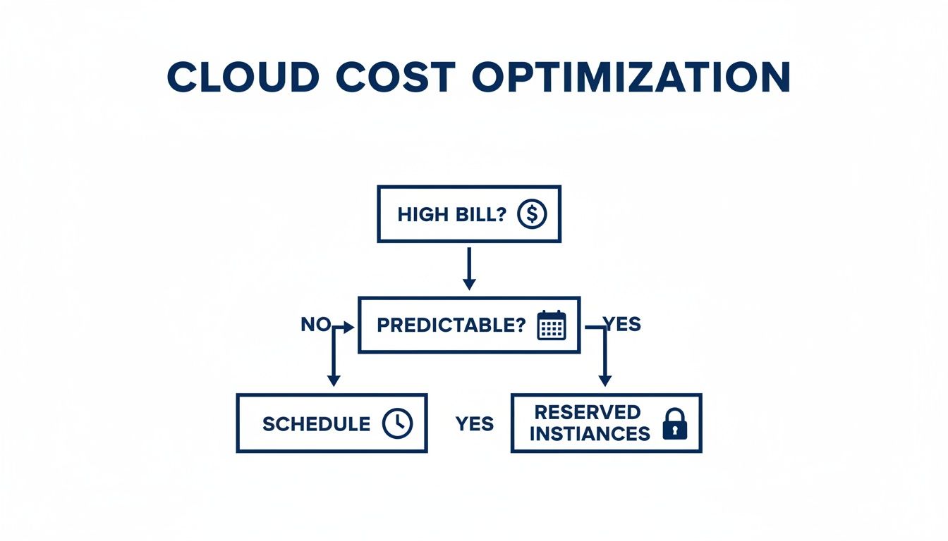 Flowchart illustrating cloud cost optimization strategies, moving from high bills to predictability and scheduling.