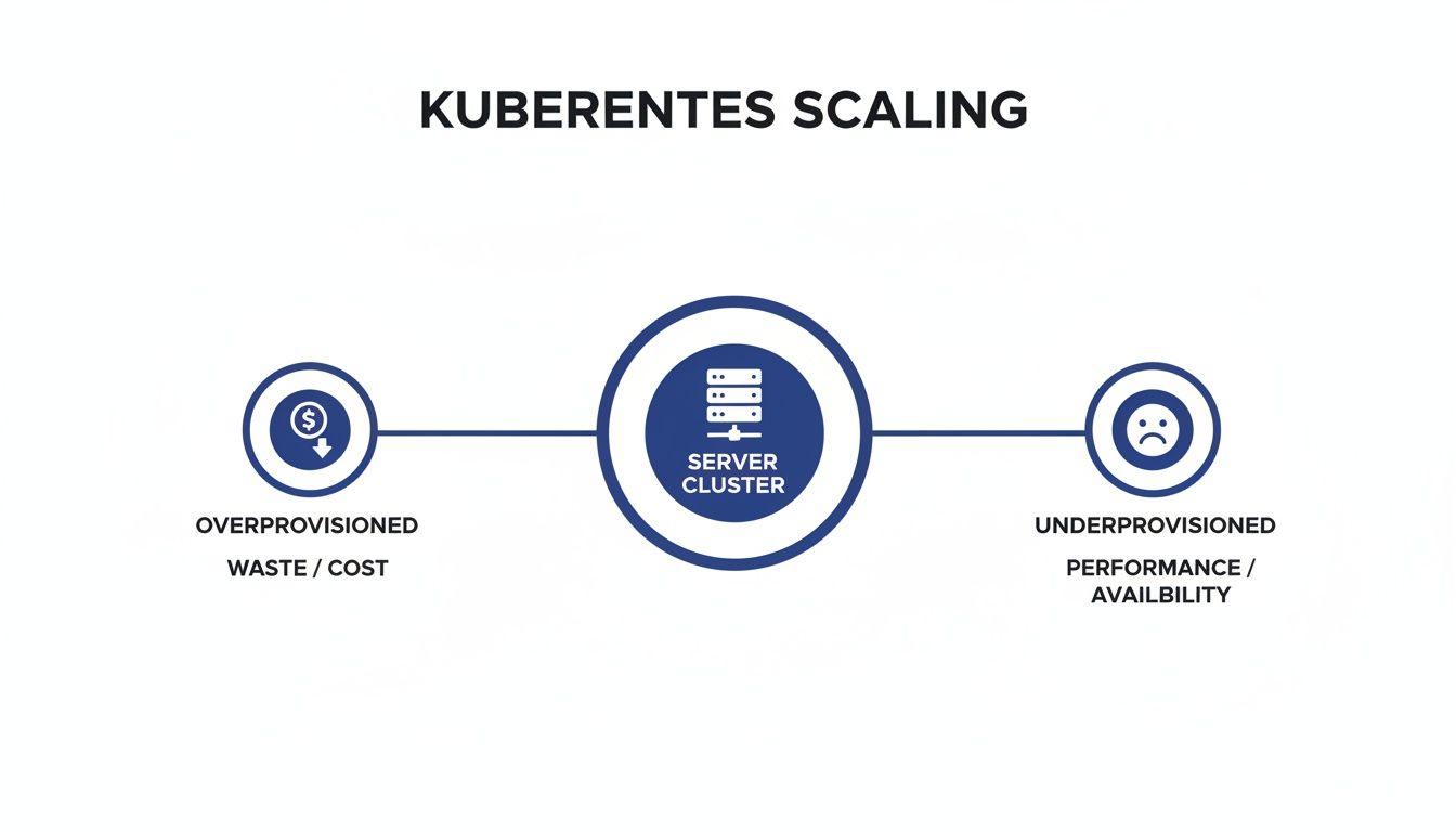Diagram illustrating Kubernetes scaling challenges, balancing overprovisioning (cost/waste) and underprovisioning (performance/availability) for a server cluster.