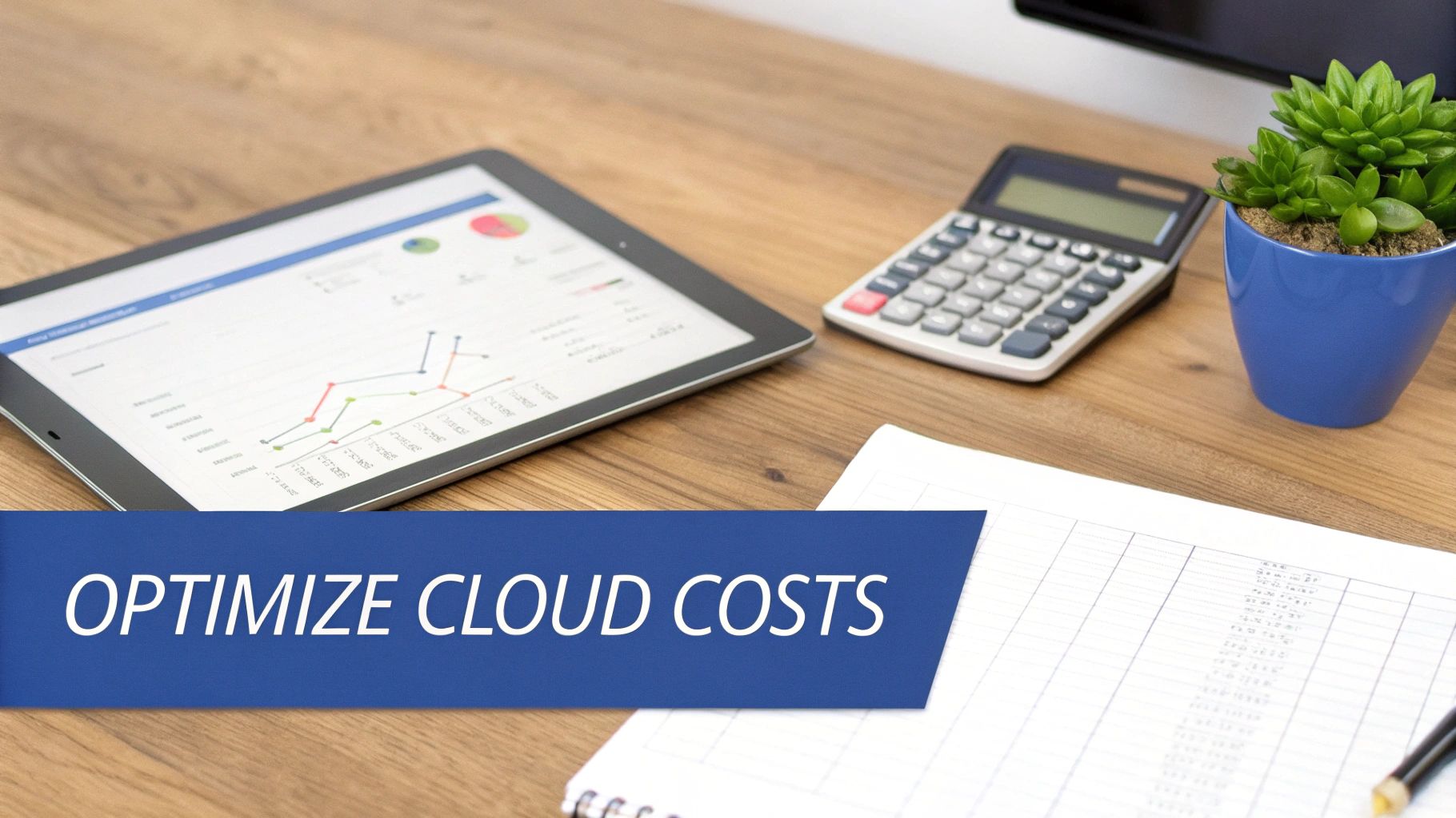 A desk setup with a tablet showing financial graphs, a calculator, and a plant. A banner reads 'OPTIMIZE CLOUD COSTS'.