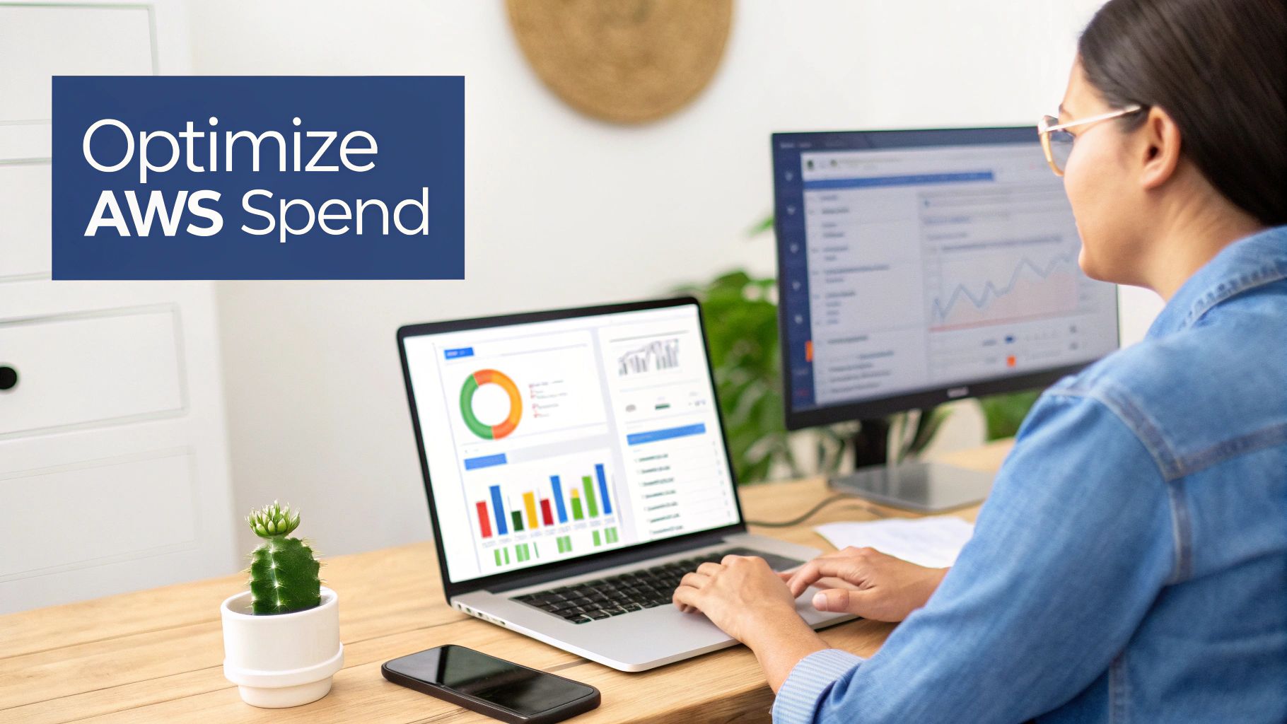 Woman optimizing AWS cloud spend, viewing data dashboards on laptop and external monitor.