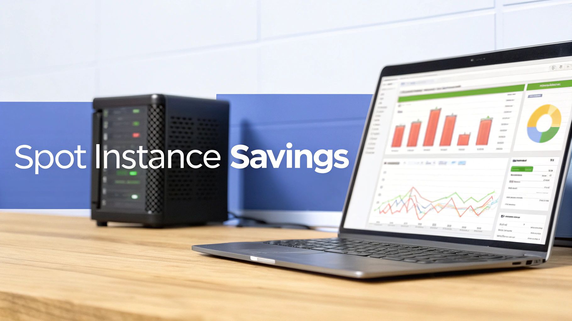A laptop displays financial charts and a server, with 'Spot Instance Savings' text on a blue banner.