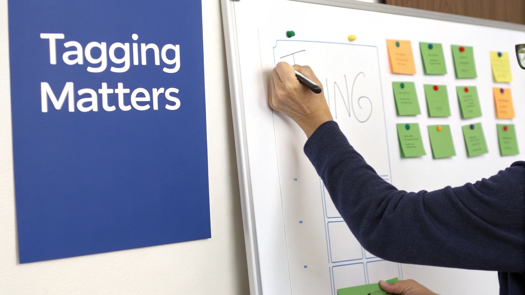 A person writes 'TAGGING' on a whiteboard with colorful sticky notes and a 'Tagging Matters' sign.