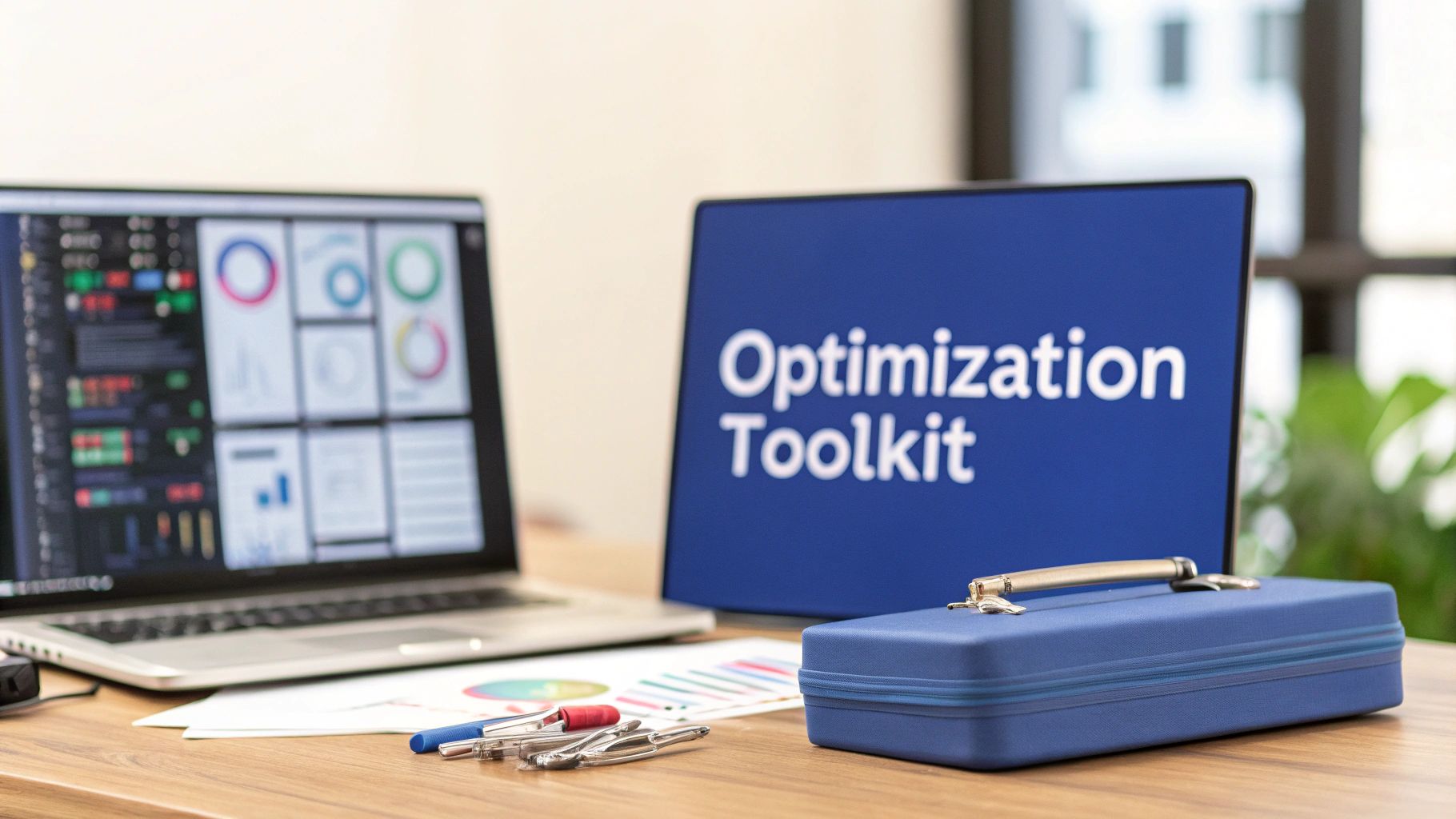 Laptop displaying data charts, a monitor showing 'Optimization Toolkit', and a blue toolbox on a desk.