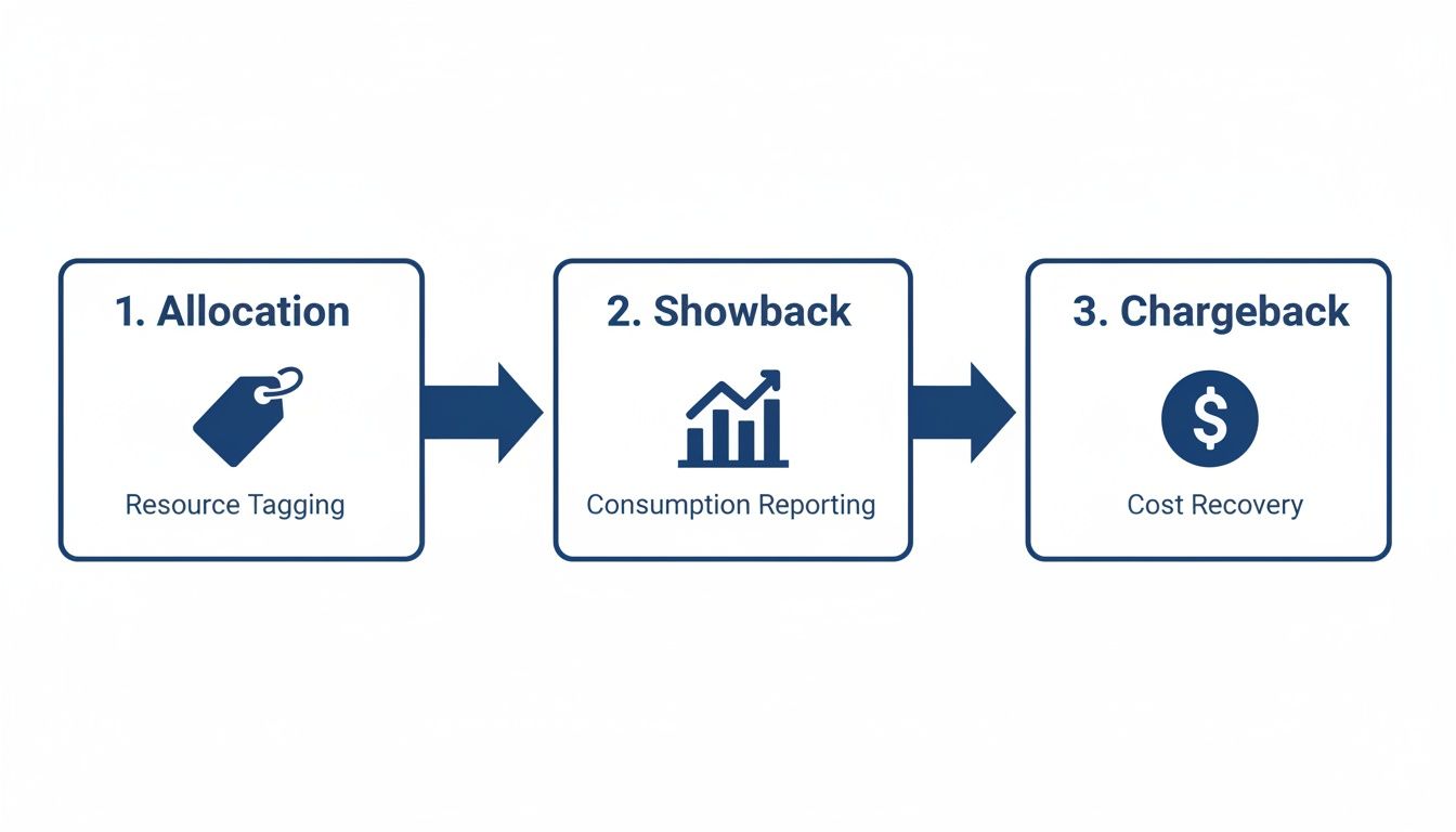 A three-step process for IT financial management: 1. Allocation (Resource Tagging), 2. Showback (Consumption Reporting), 3. Chargeback (Cost Recovery).
