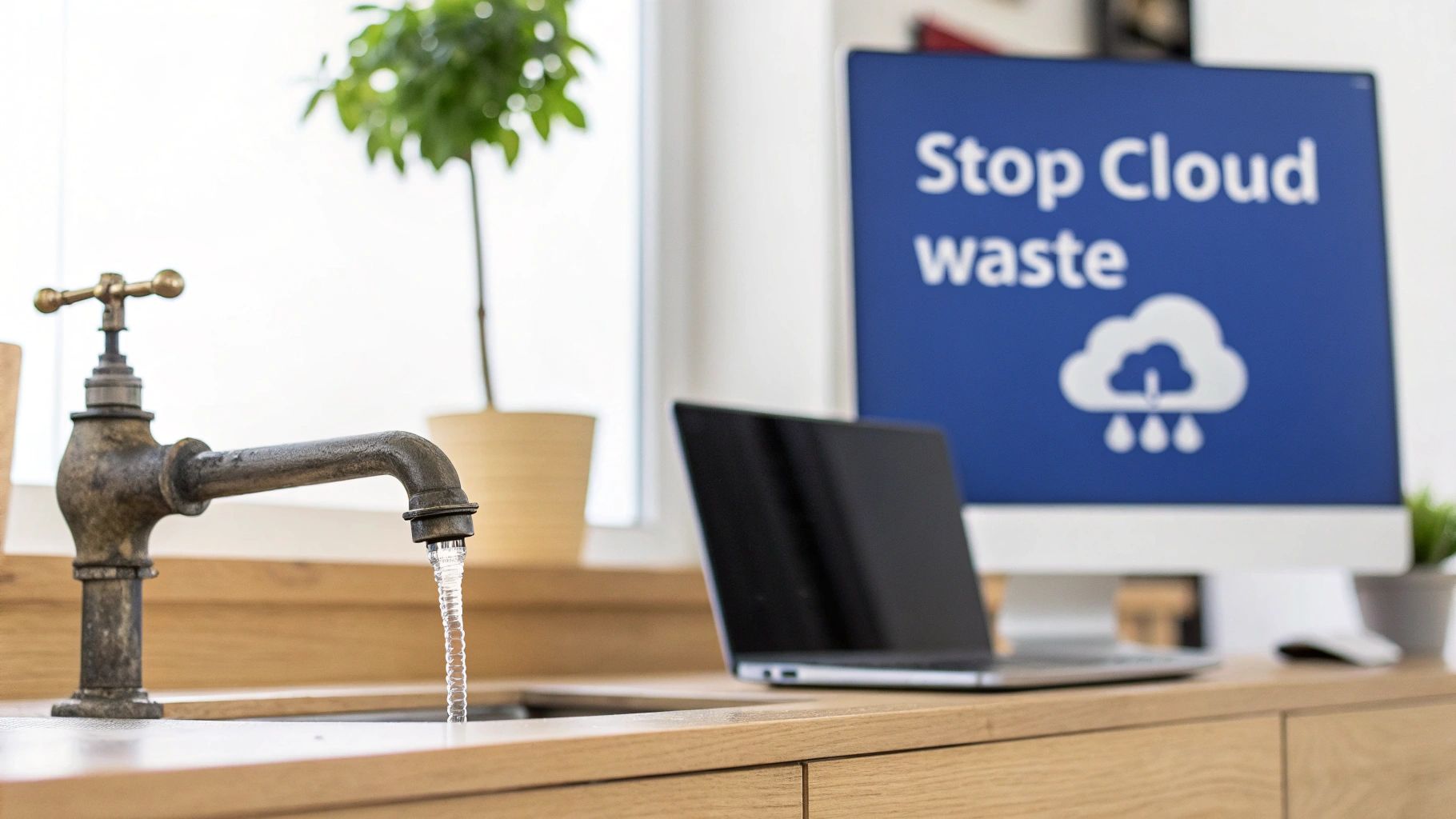 A bronze tap with running water next to a laptop and a monitor showing 'Stop Cloud Waste'.