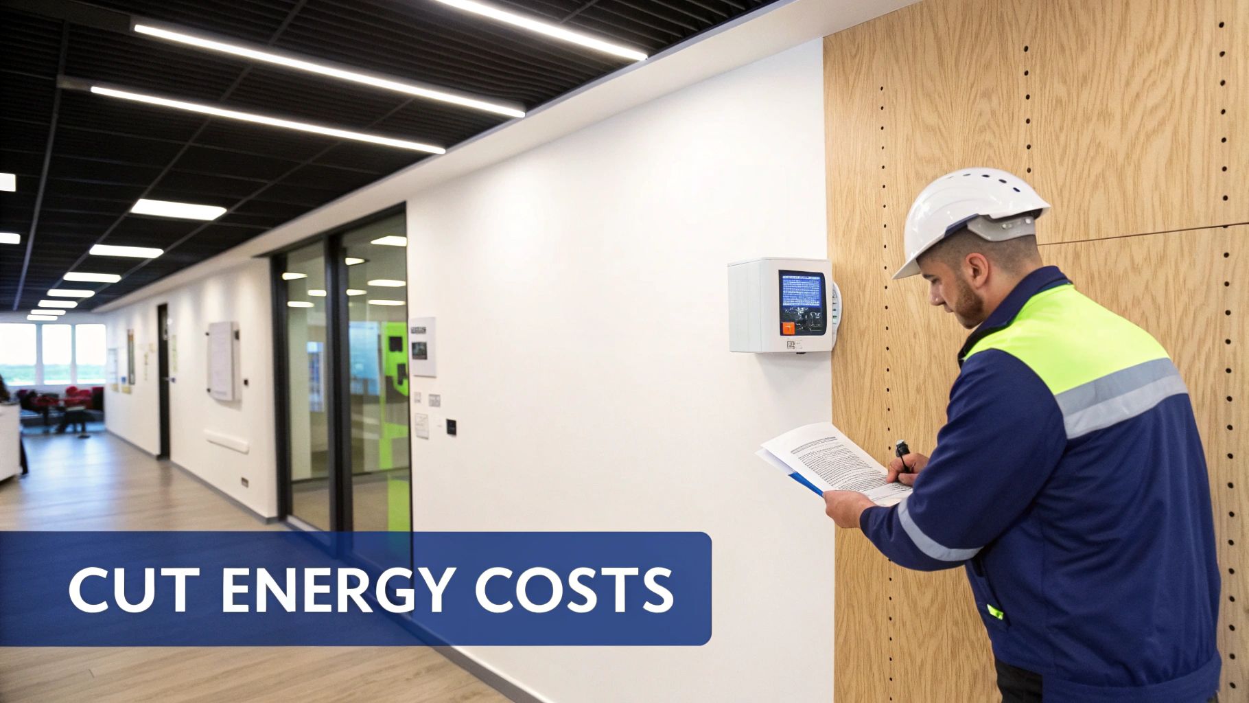 Engineer in safety gear analyzing energy costs data in a modern office building.