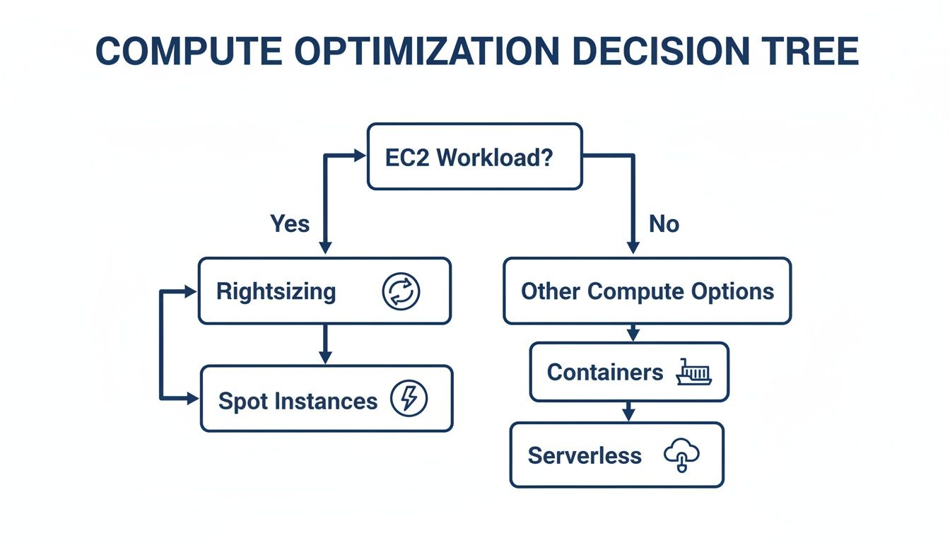 A compute optimization decision tree, guiding users through EC2 rightsizing, spot instances, containers, and serverless options.