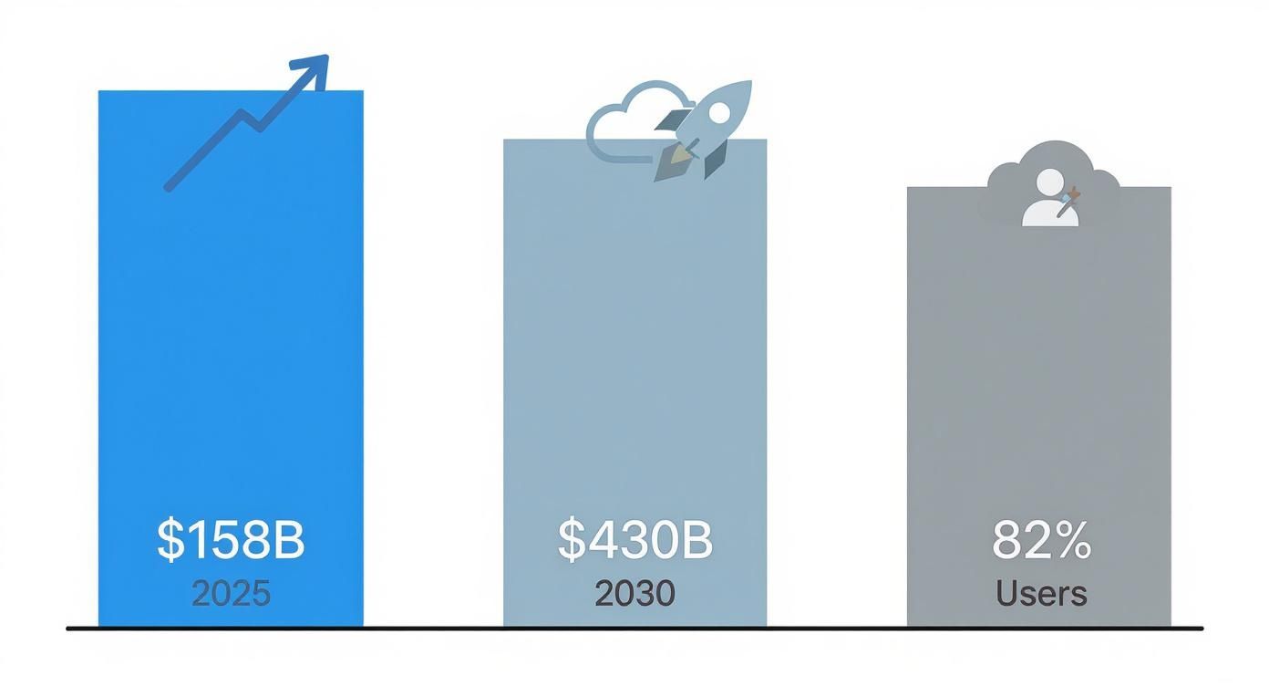 Bar chart visualizing financial projections of $158B by 2025, $430B by 2030, and 82% users.