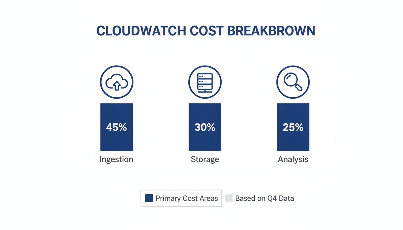 CloudWatch cost breakdown chart displaying Ingestion (45%), Storage (30%), and Analysis (25%) percentages from Q4 data.