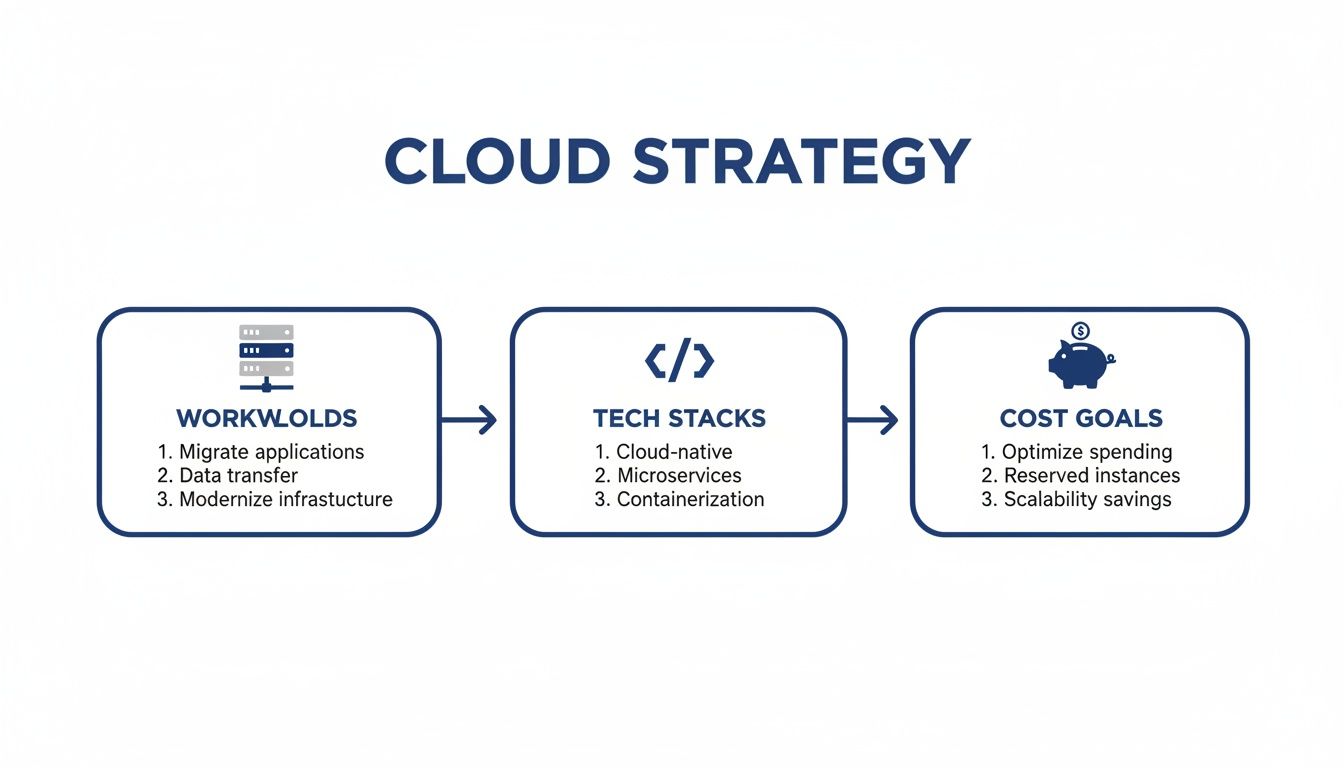 A cloud strategy infographic outlining workloads, tech stacks, and cost goals for cloud migration and optimization.