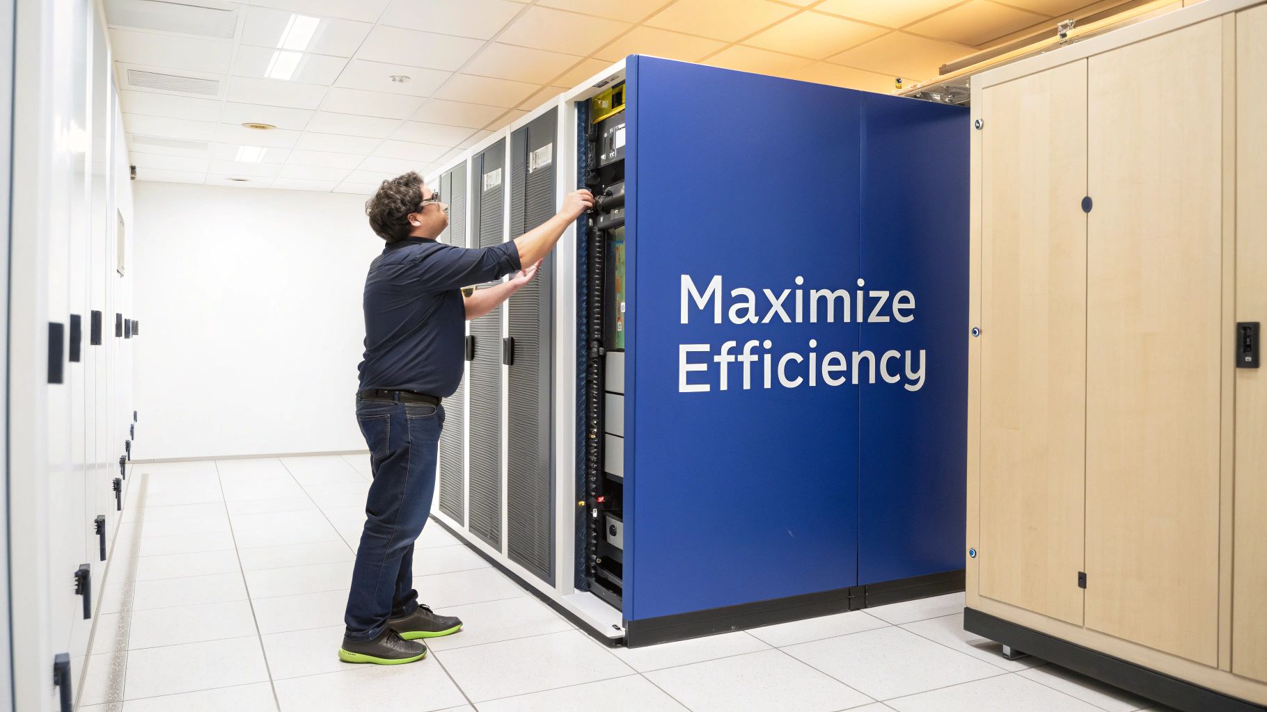 IT technician optimizing server infrastructure in modern data center with efficiency equipment