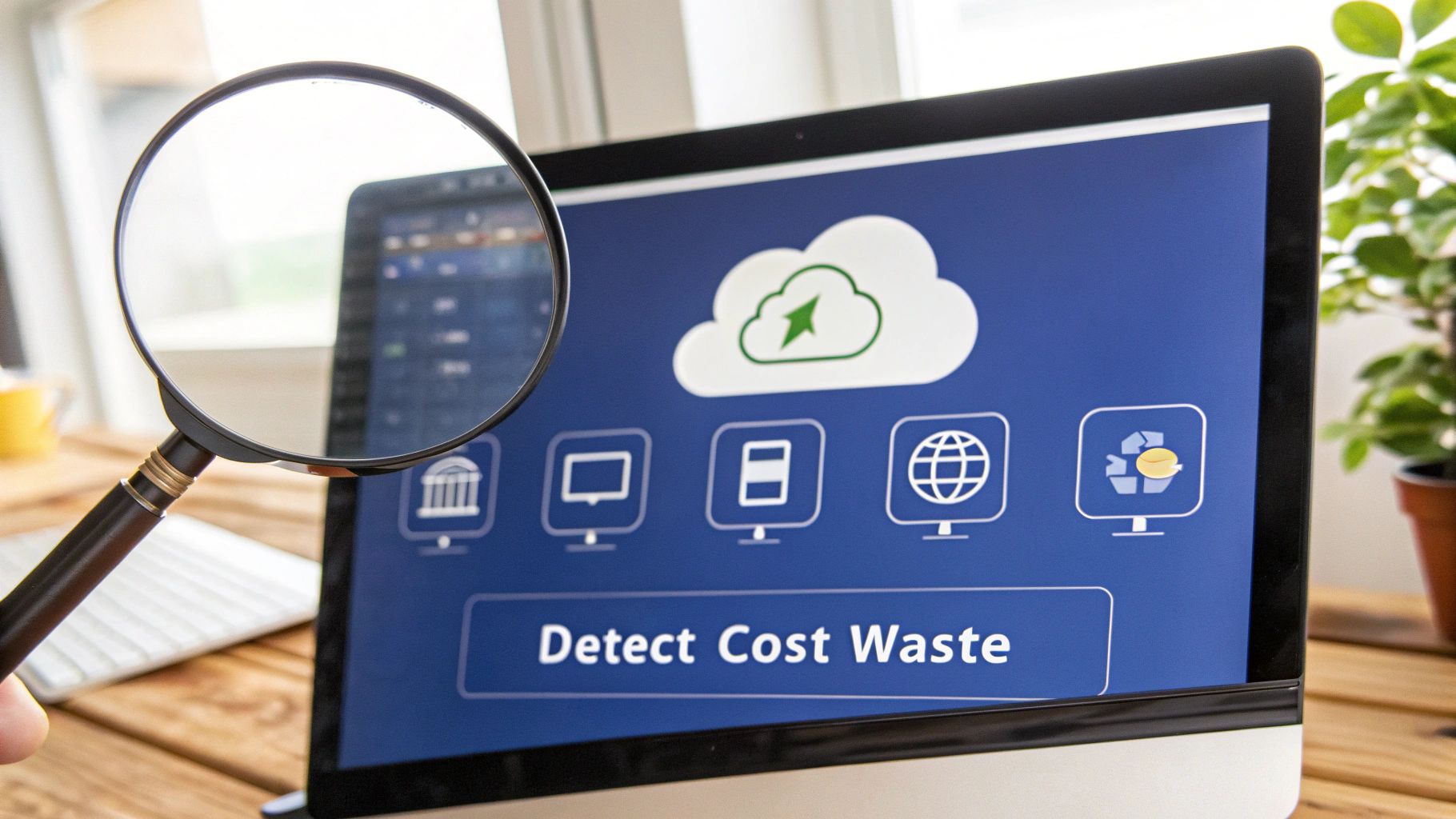 Magnifying glass over a computer screen displaying 'Detect Cost Waste' for cloud cost management.