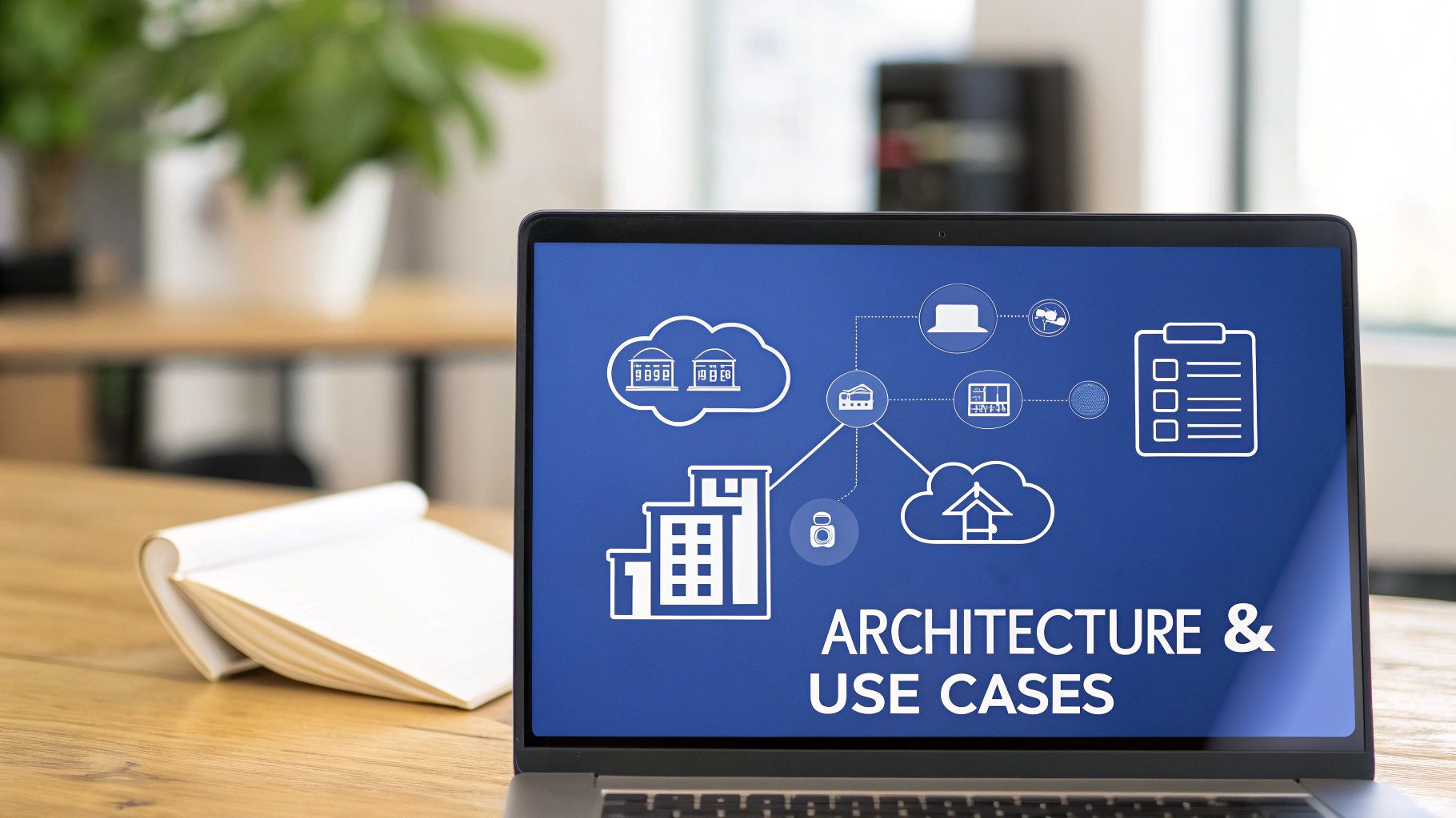 Laptop screen shows a blue diagram titled 'ARCHITECTURE & USE CASES' with cloud, building, and device icons.