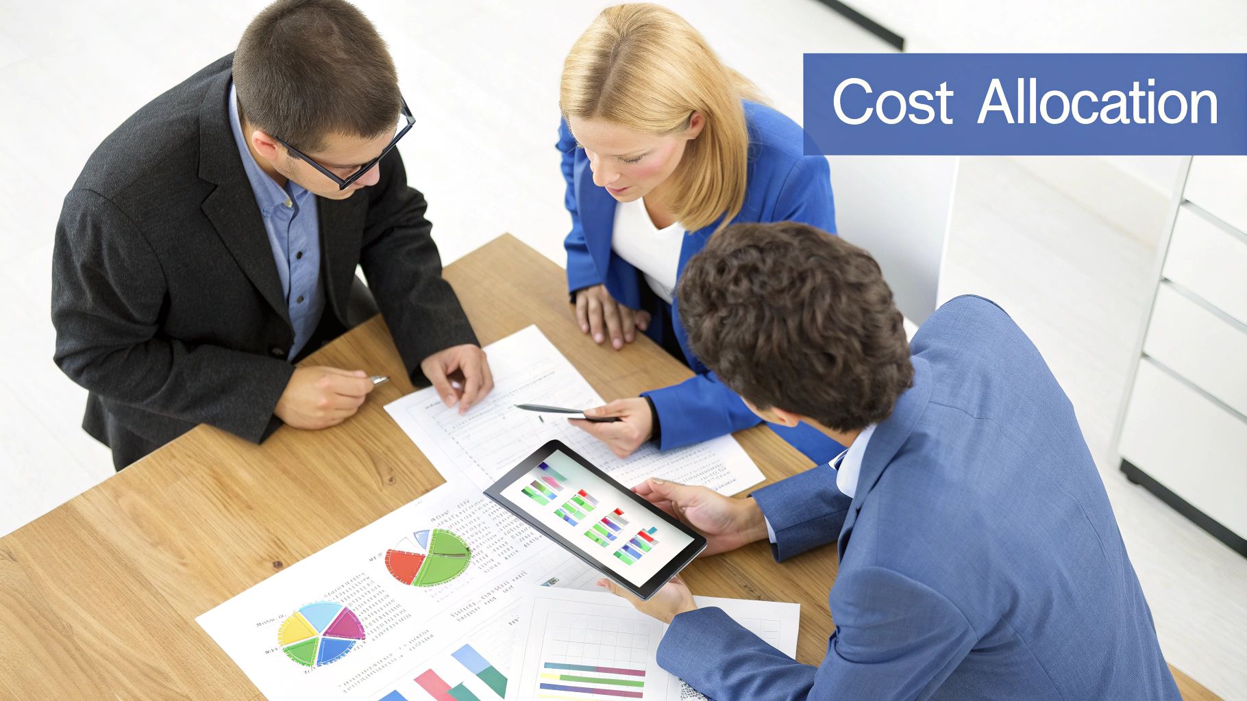 Three business professionals discuss cost allocation methods, examining financial charts on a tablet and documents.