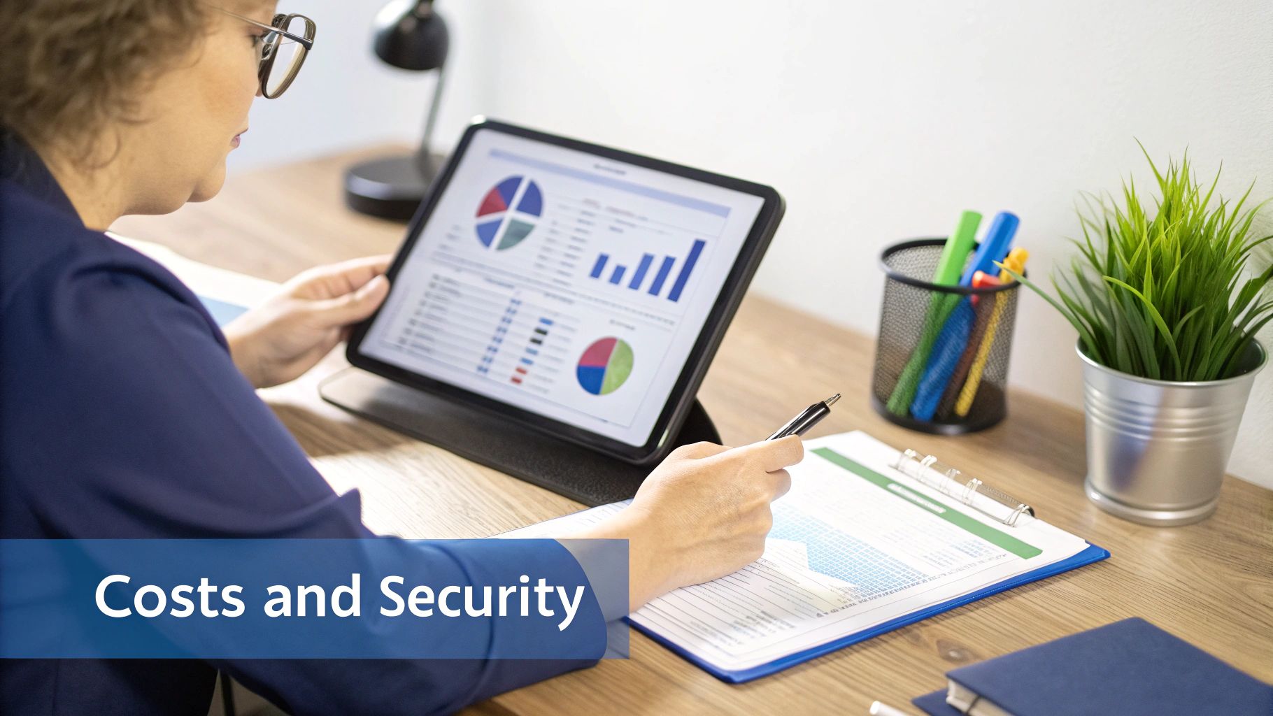 A person reviewing business data and financial charts on a tablet, considering costs and security on a desk.